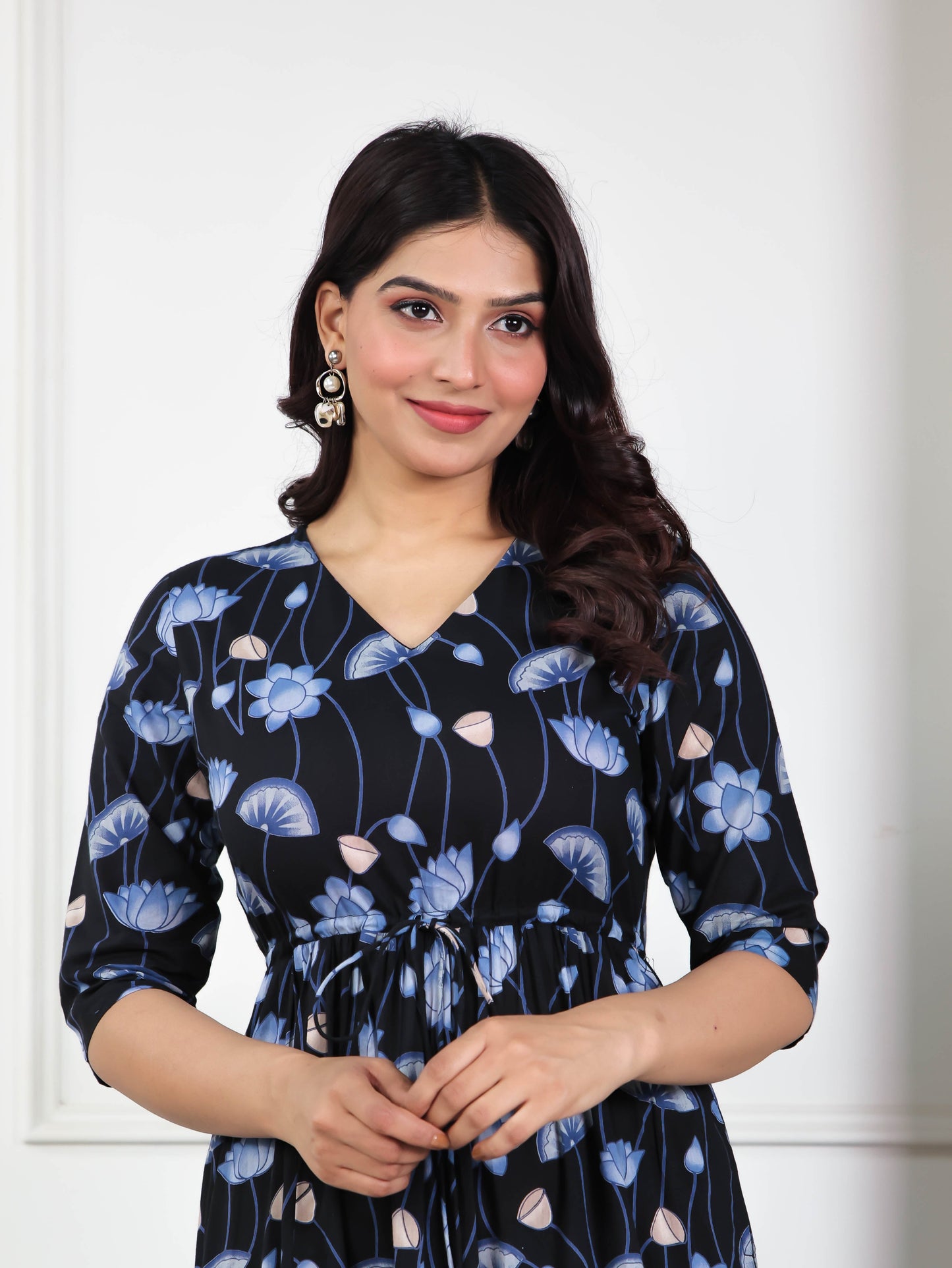 Soft Cotton Floral A-line Black Dress