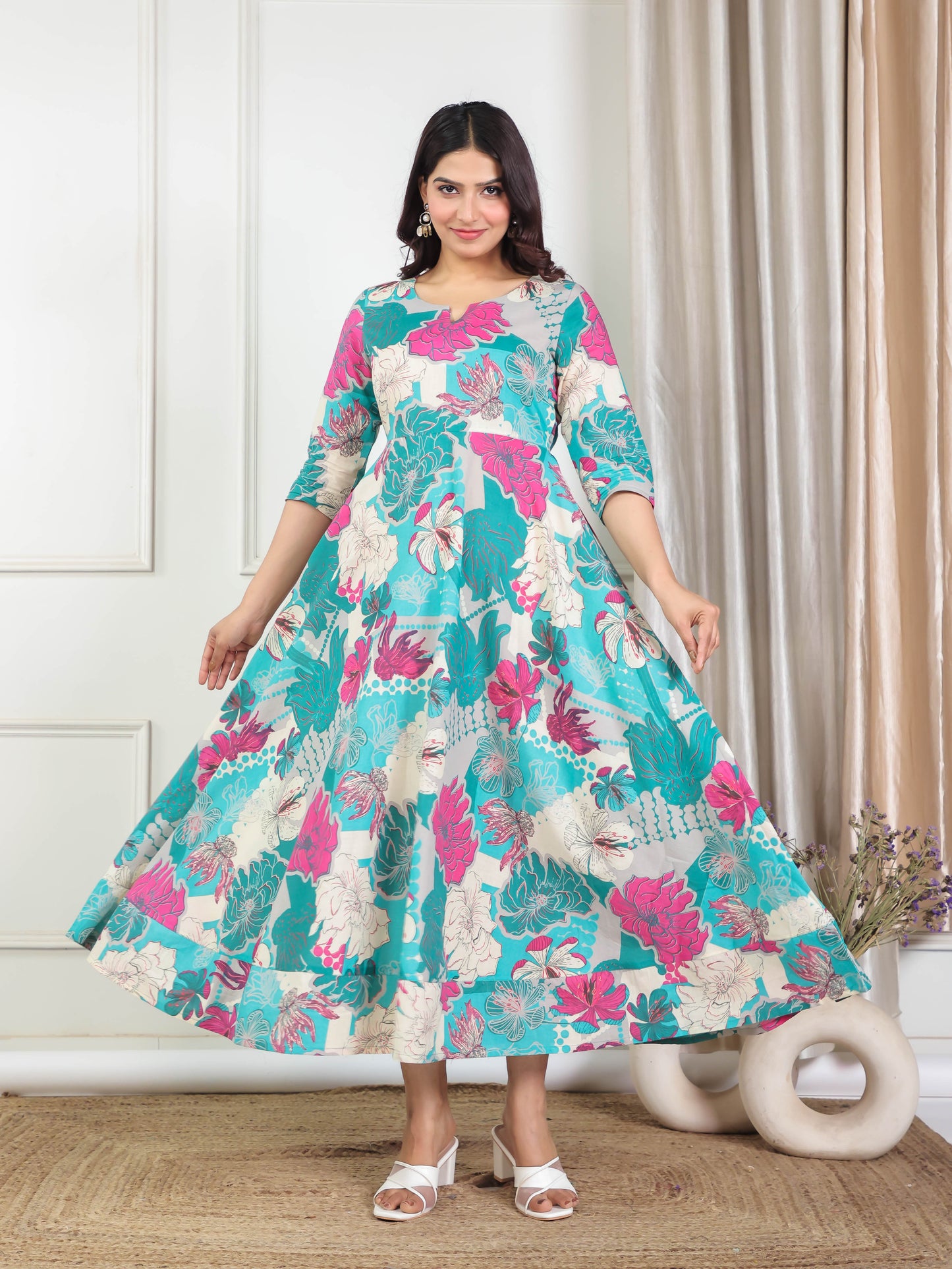 Soft Cotton Foliage Anarkali Teal Dress