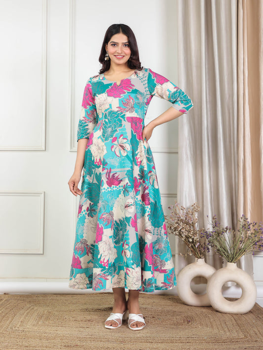Soft Cotton Foliage Anarkali Teal Dress