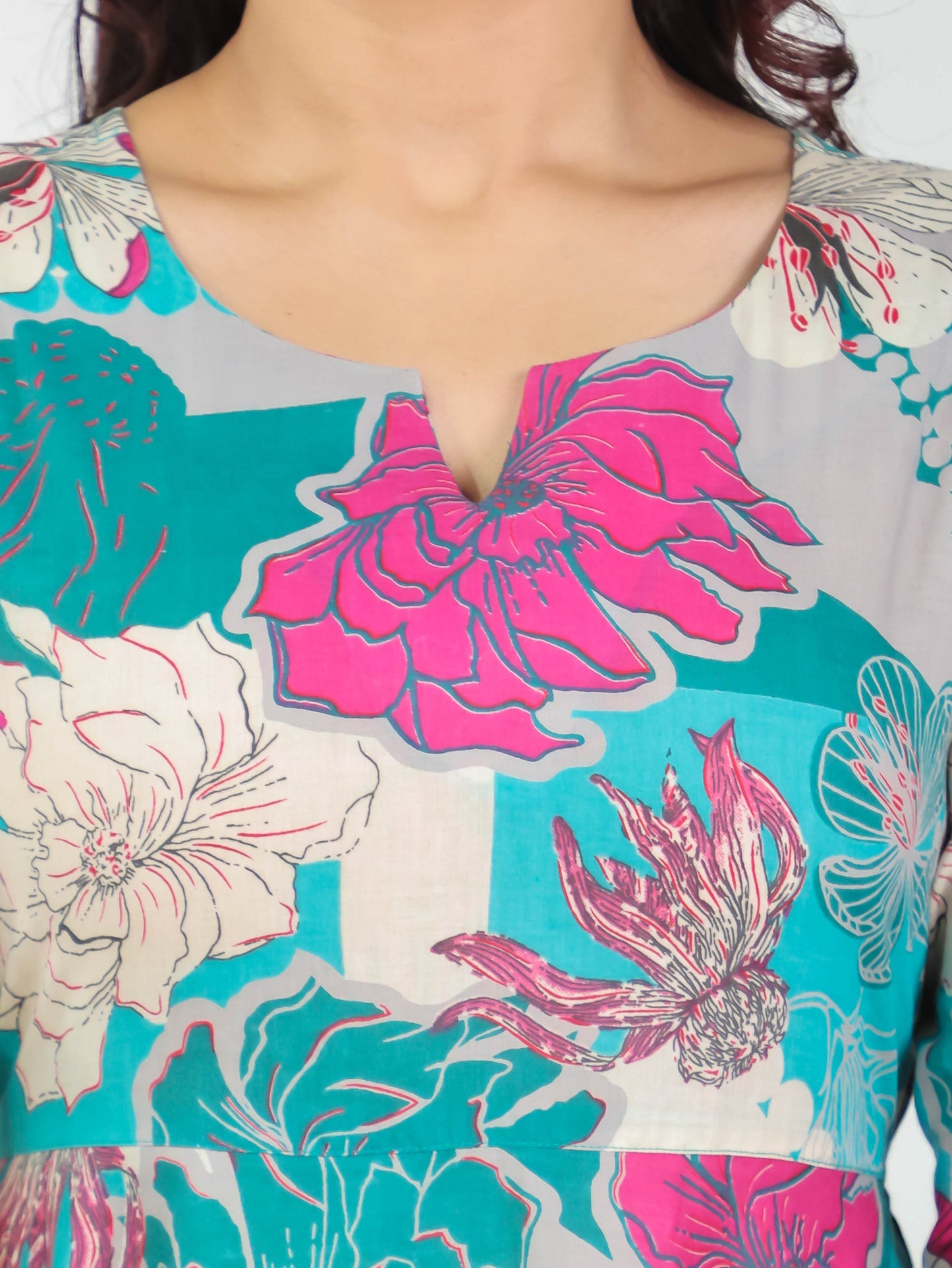 Soft Cotton Foliage Anarkali Teal Dress