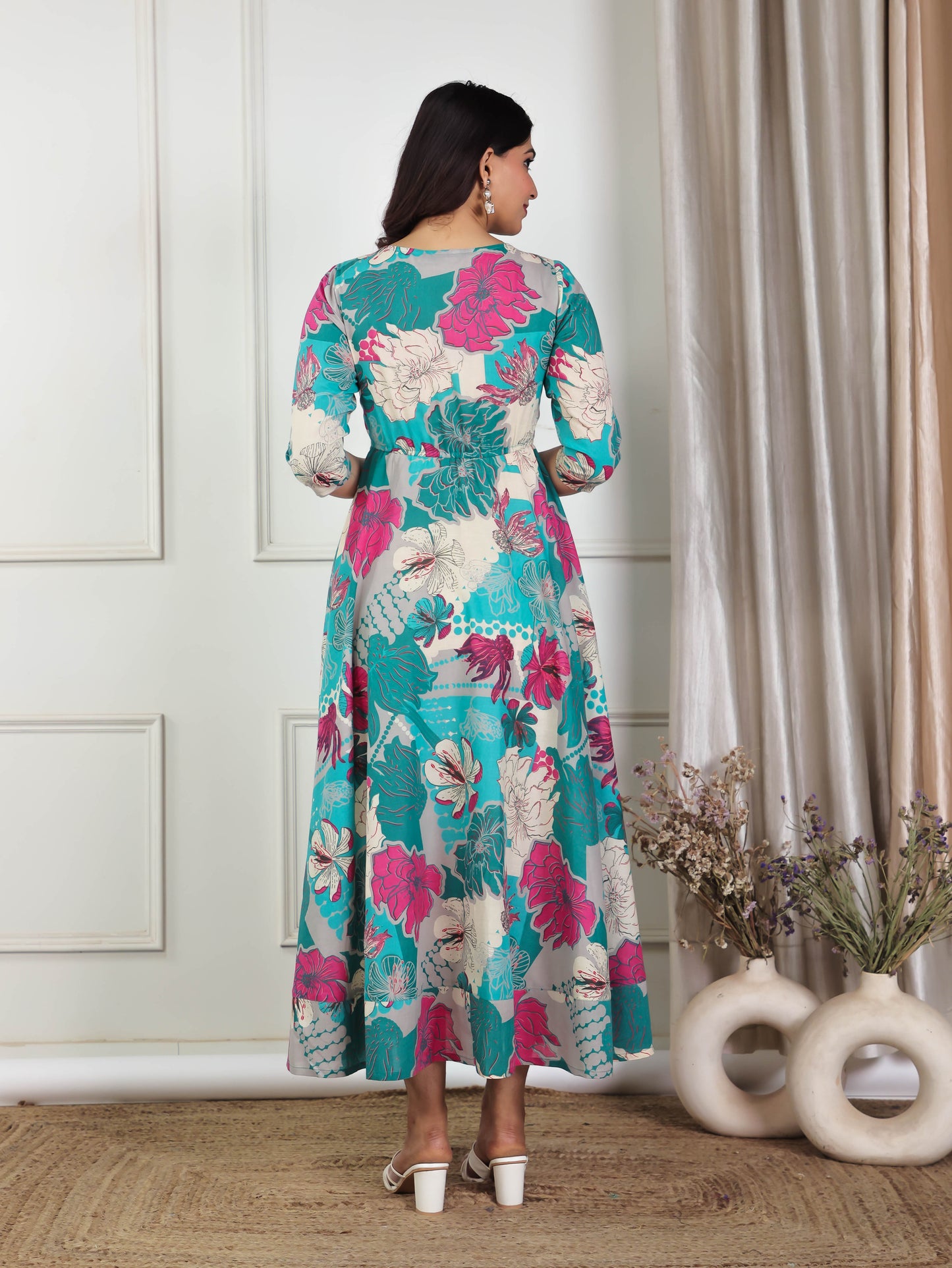Soft Cotton Foliage Anarkali Teal Dress