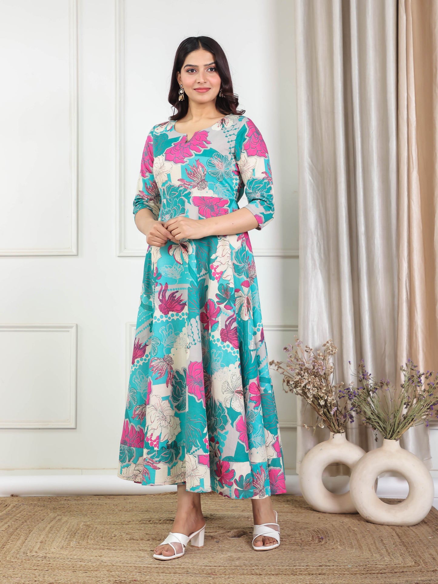 Soft Cotton Foliage Anarkali Teal Dress
