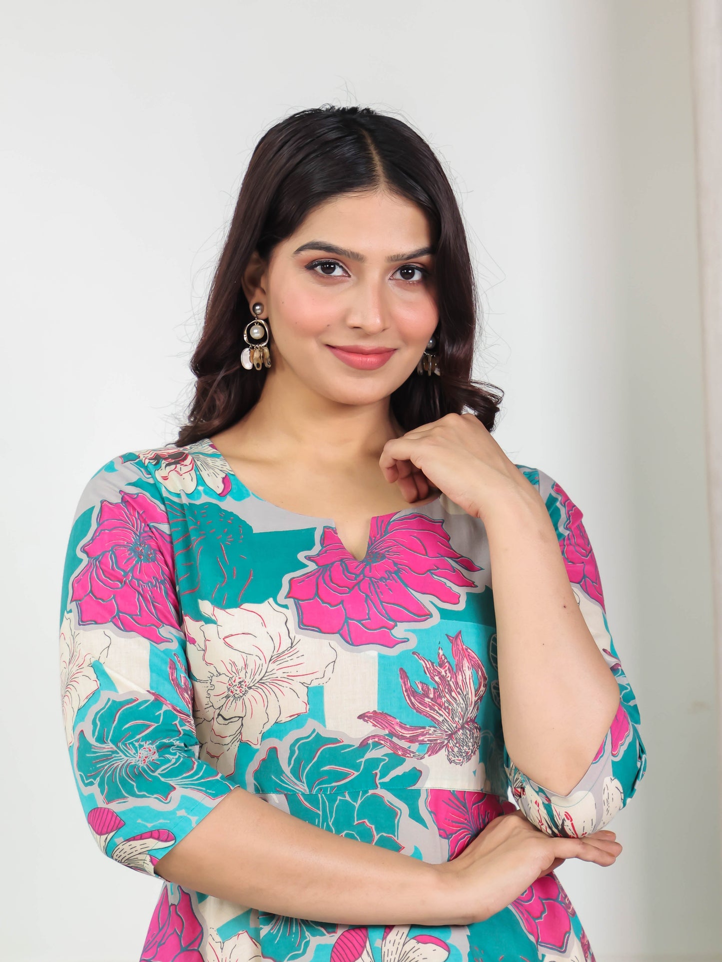 Soft Cotton Foliage Anarkali Teal Dress