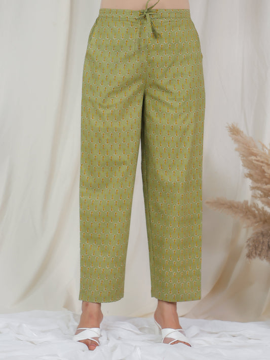 Soft Cotton Floral Green Trousers Straight Trousers
