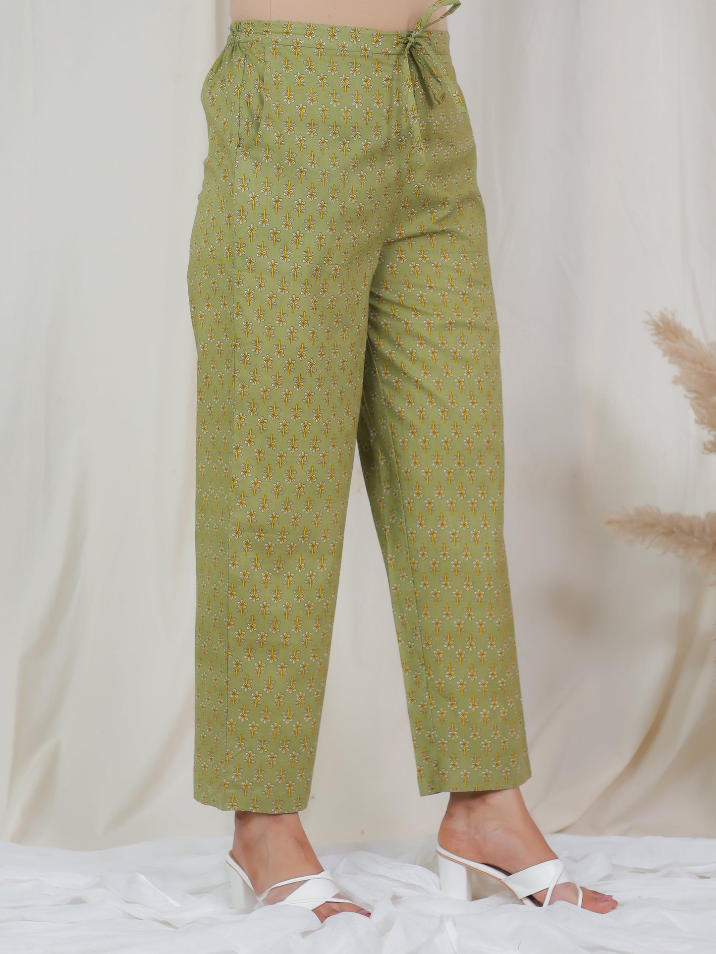 Soft Cotton Floral Green Trousers Straight Trousers