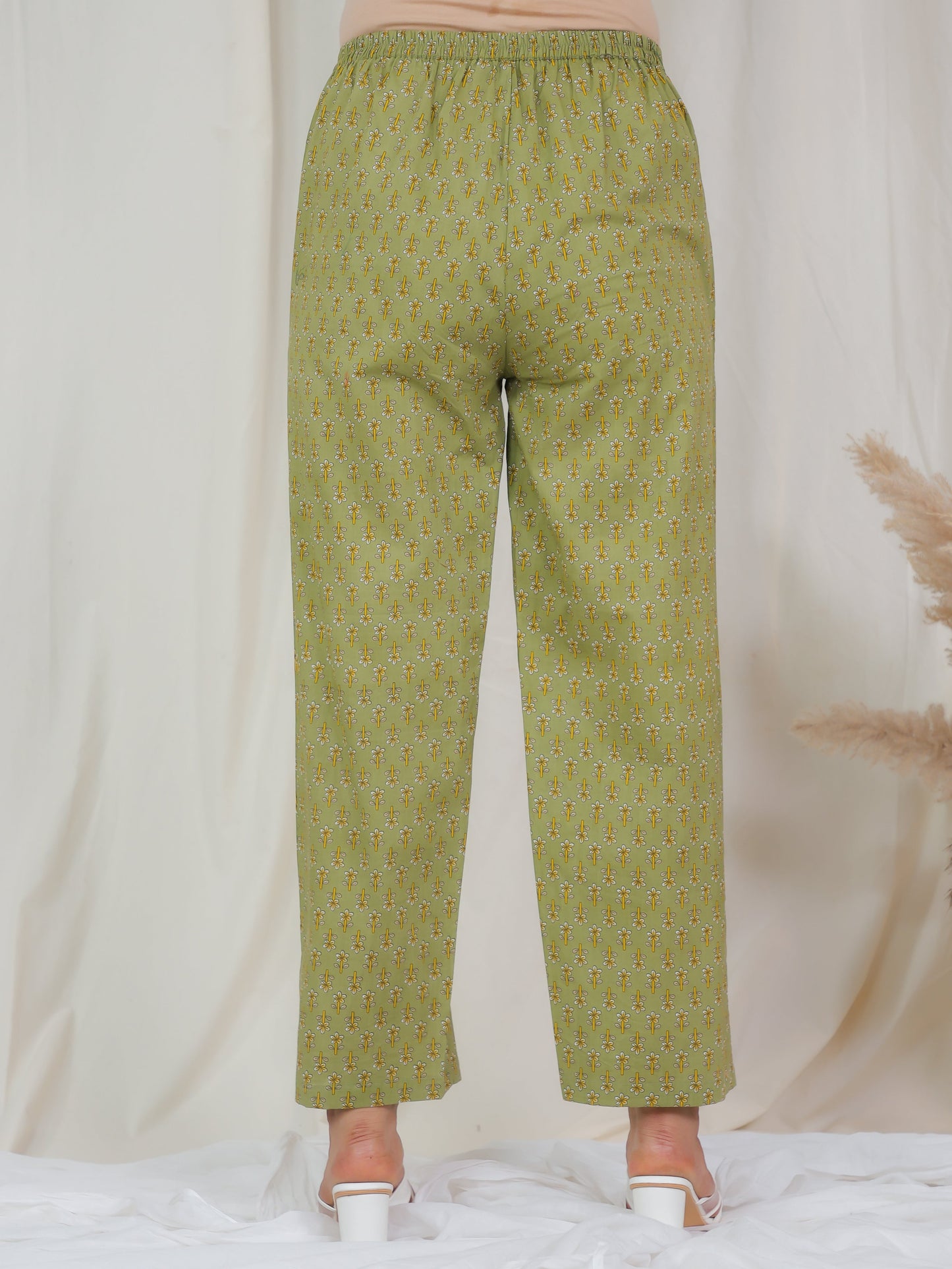 Soft Cotton Floral Green Trousers Straight Trousers