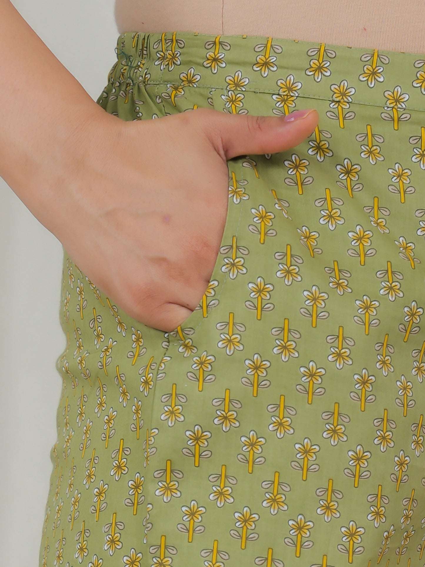 Soft Cotton Floral Green Trousers Straight Trousers