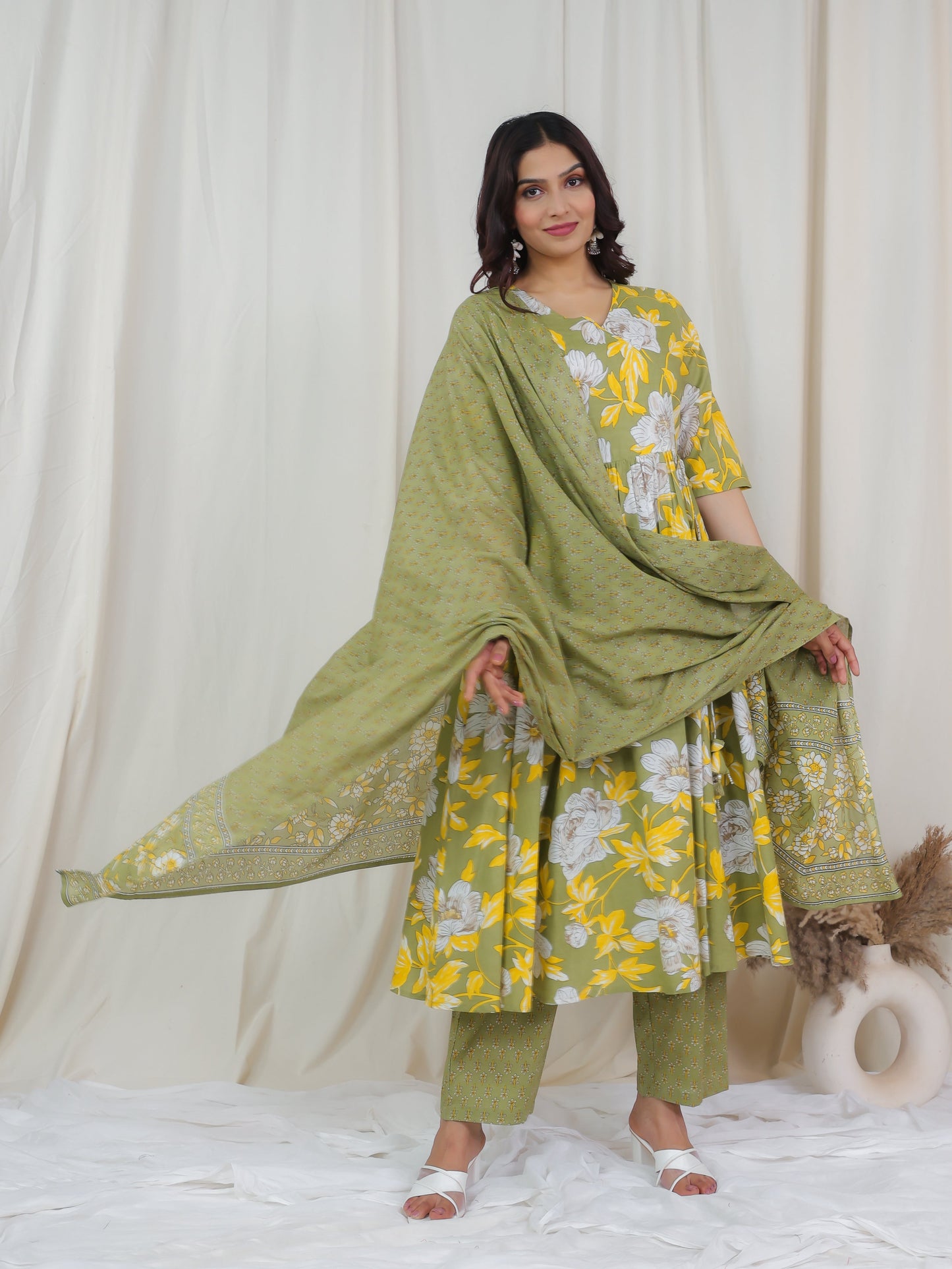 Cotton Voile Floral Green Dupatta