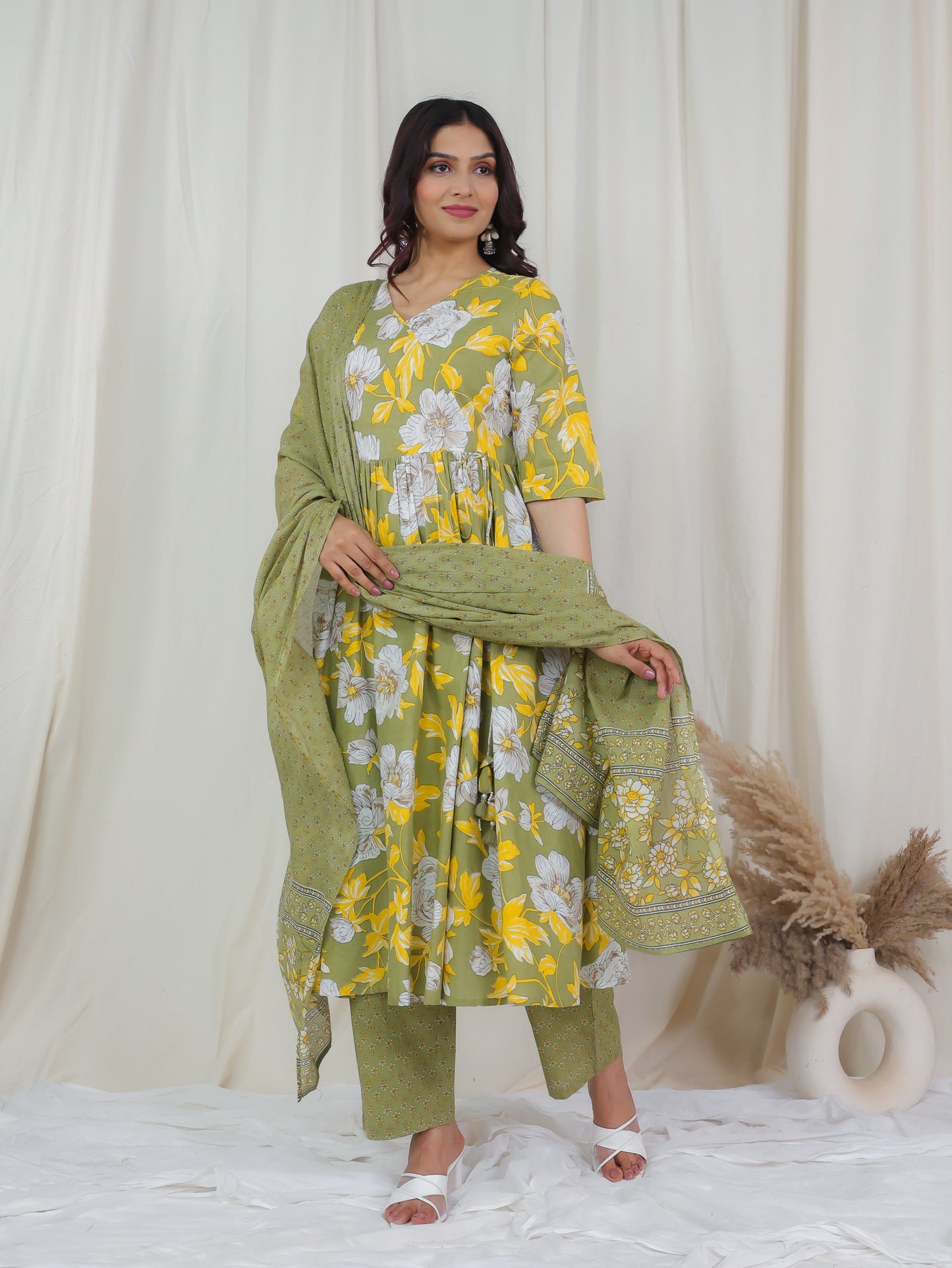 Soft Cotton Floral Angrakha Green Kurta