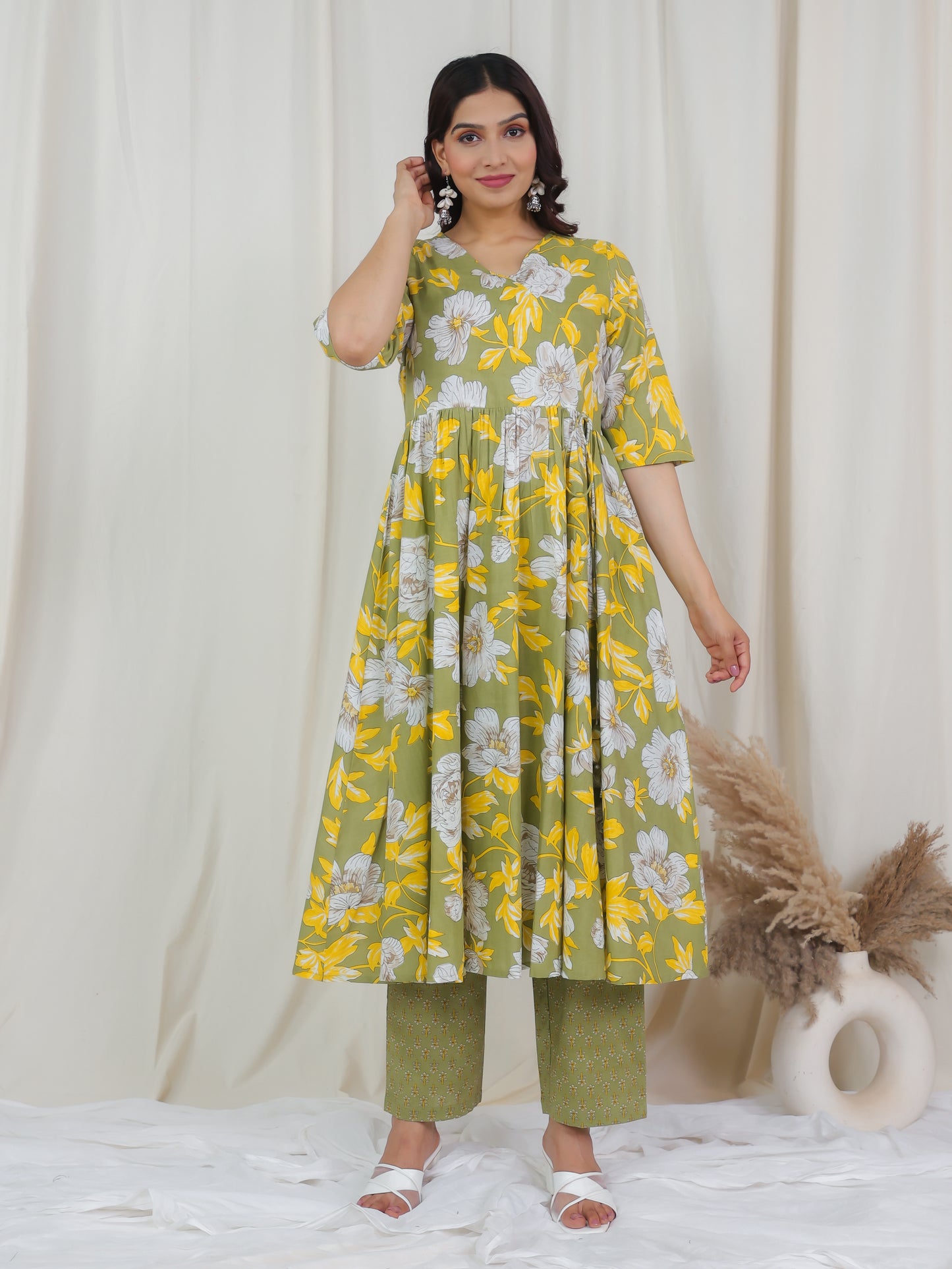 Soft Cotton Floral Angrakha Green Kurta