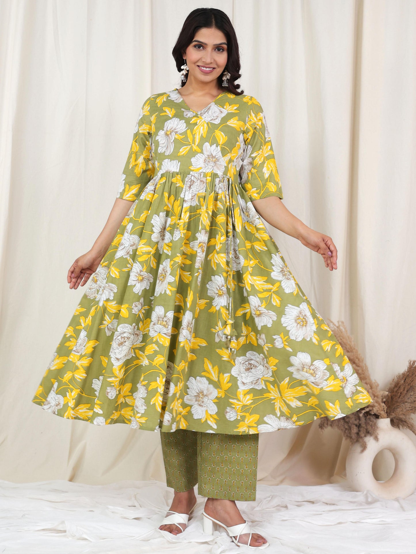 Soft Cotton Floral Angrakha Green Kurta