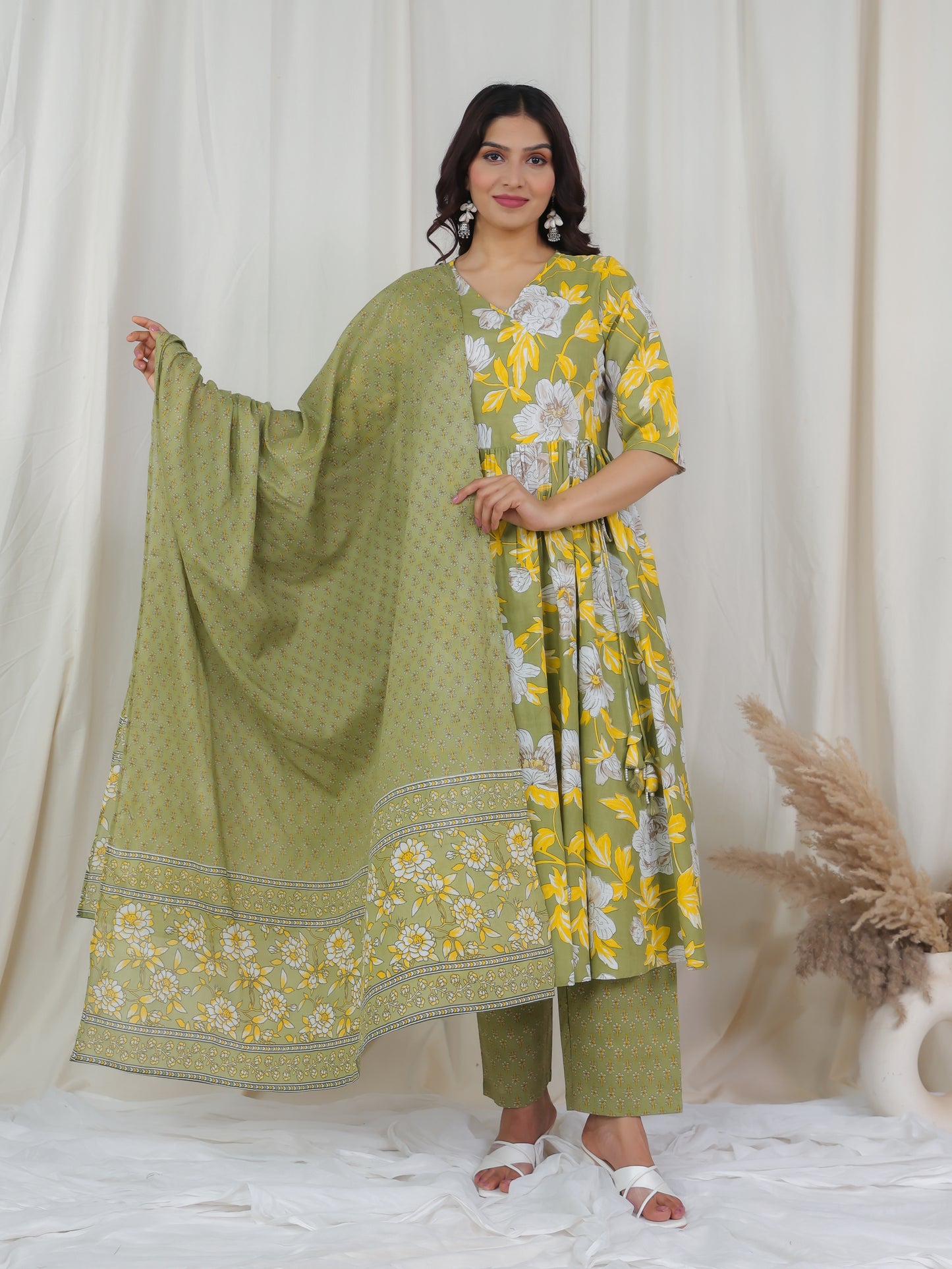 Soft Cotton Floral Angrakha Green Kurta