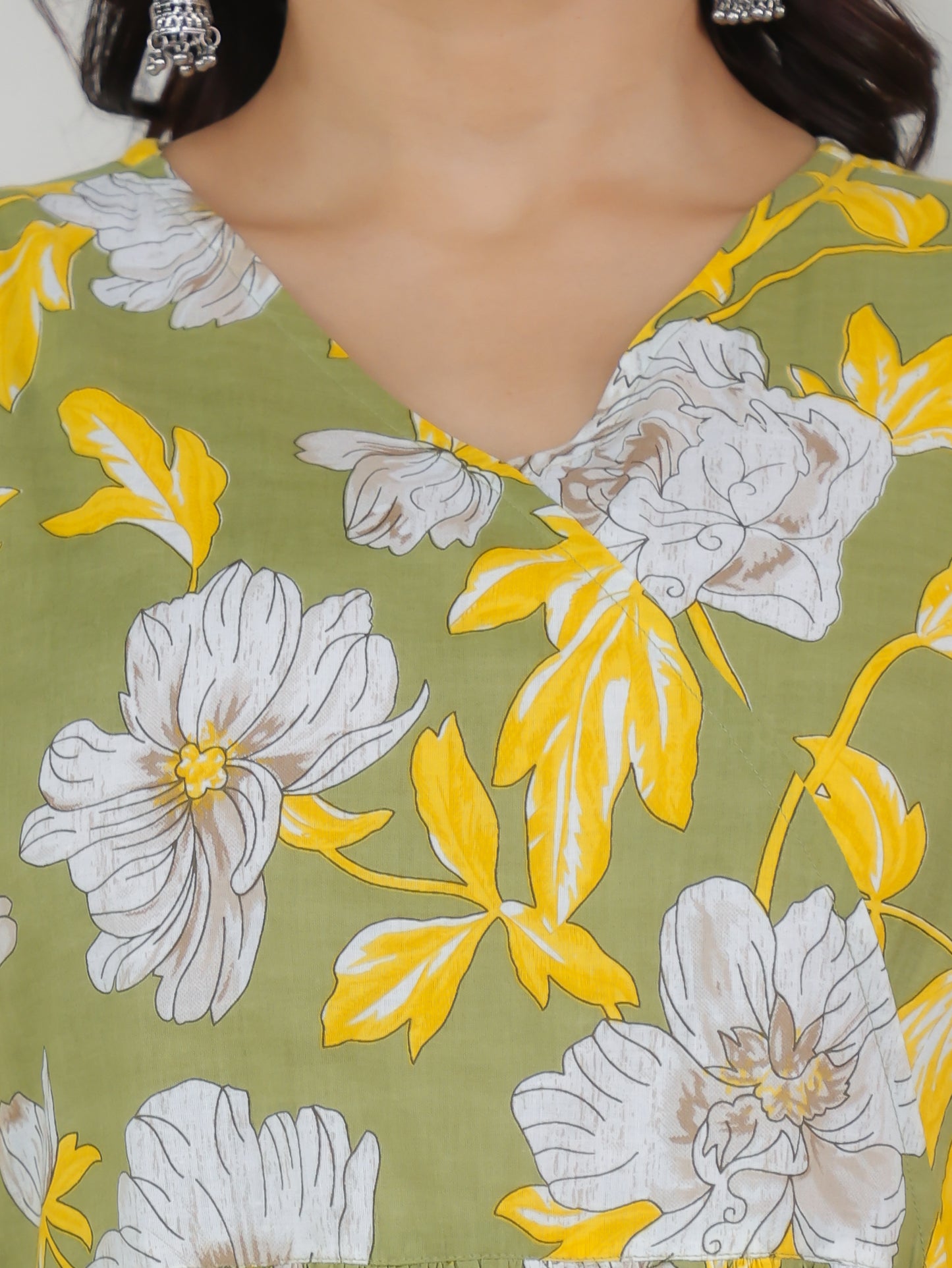 Soft Cotton Floral Angrakha Green Kurta