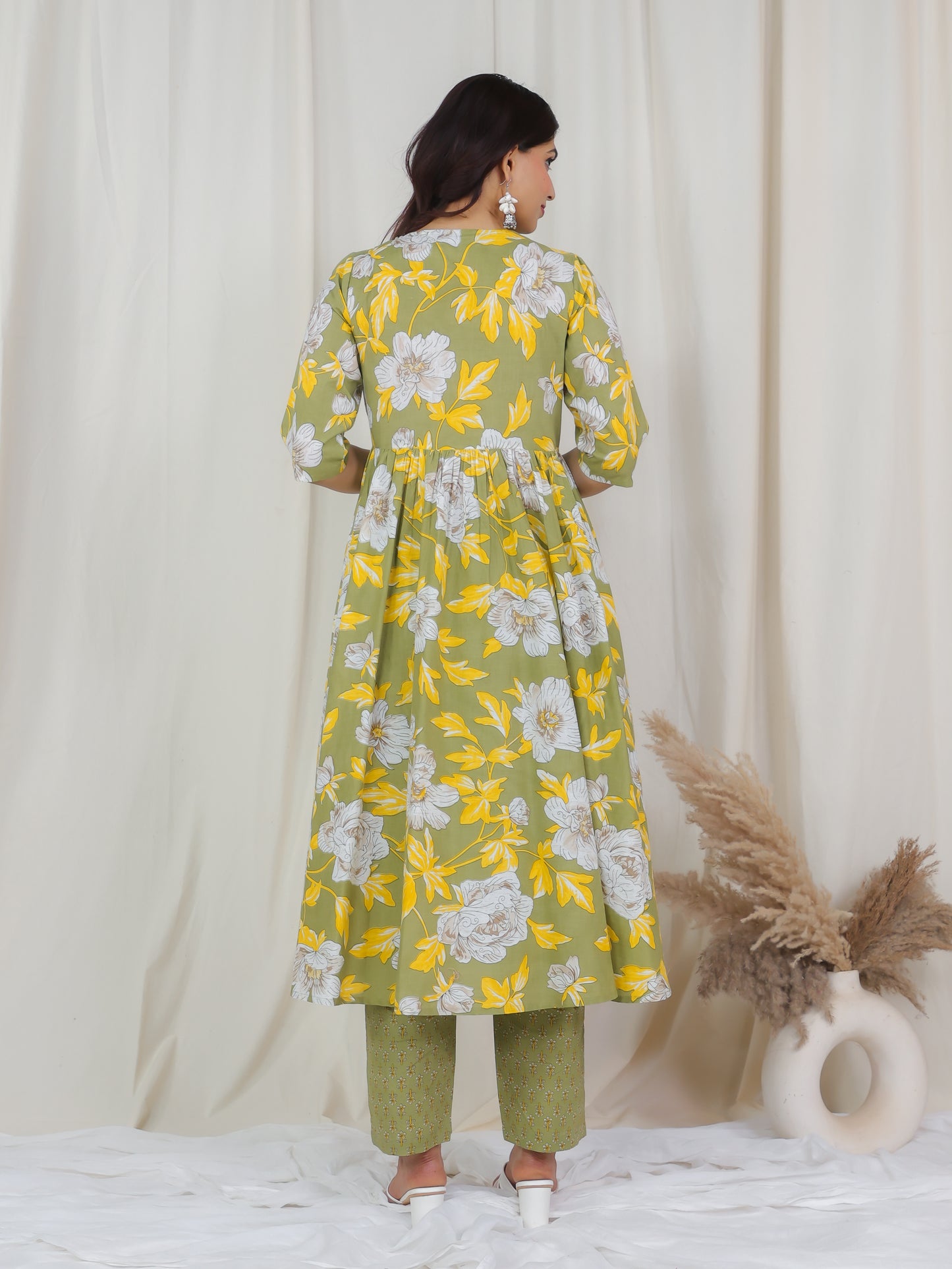 Soft Cotton Floral Angrakha Green Kurta