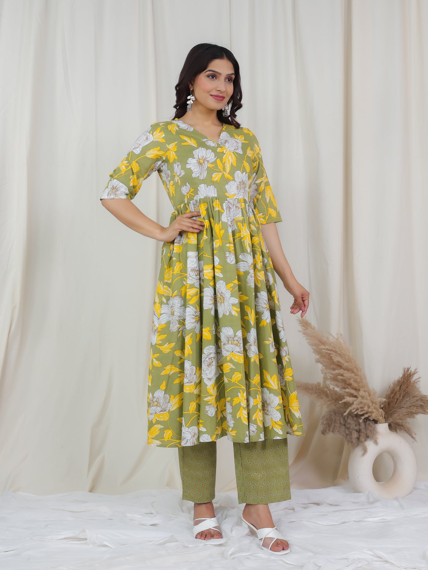 Soft Cotton Floral Angrakha Green Kurta
