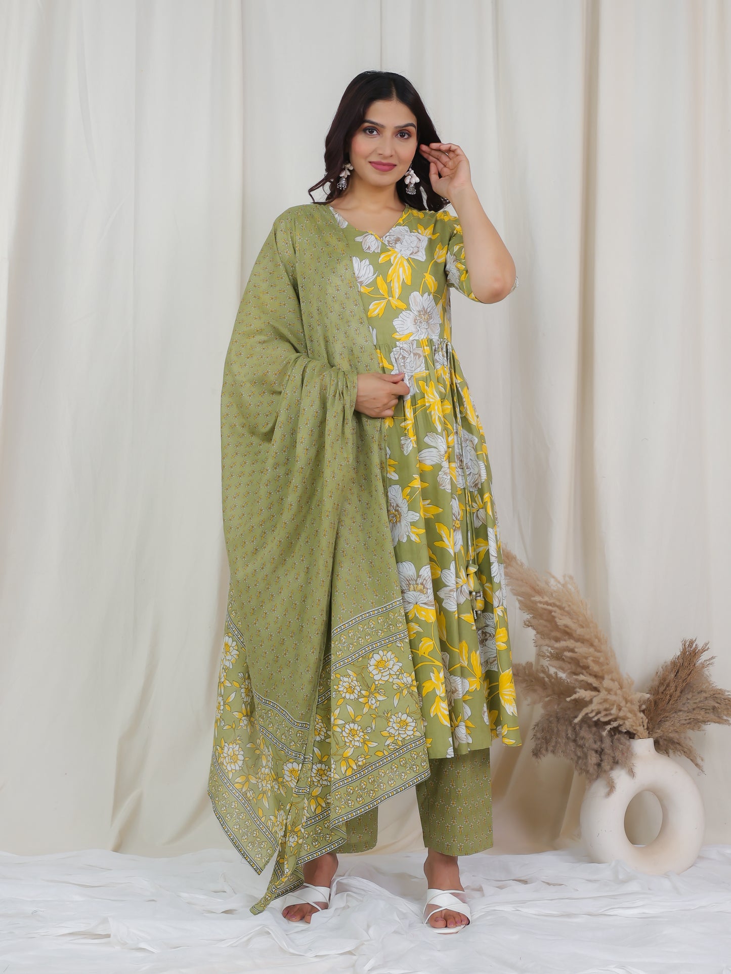 Soft Cotton Floral Angrakha Green Kurta
