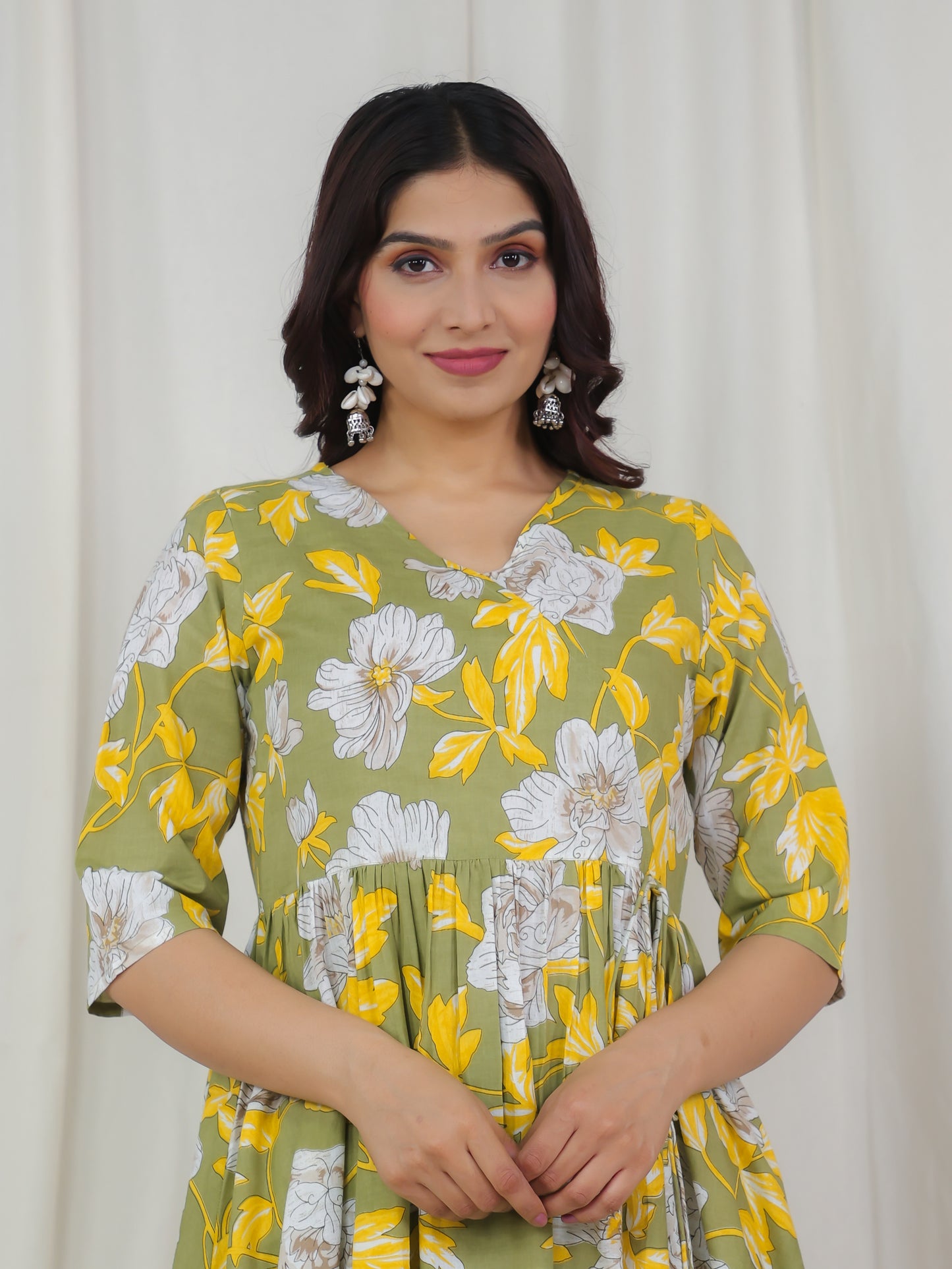 Soft Cotton Floral Angrakha Green Kurta