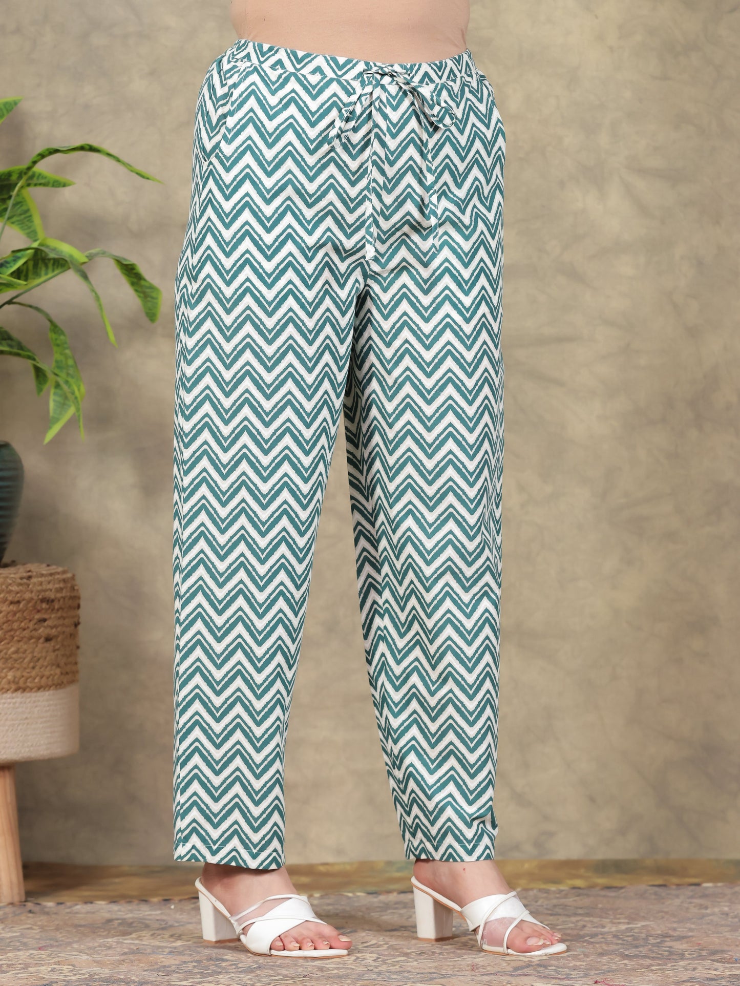 Soft Cotton Striped Green Straight Trousers