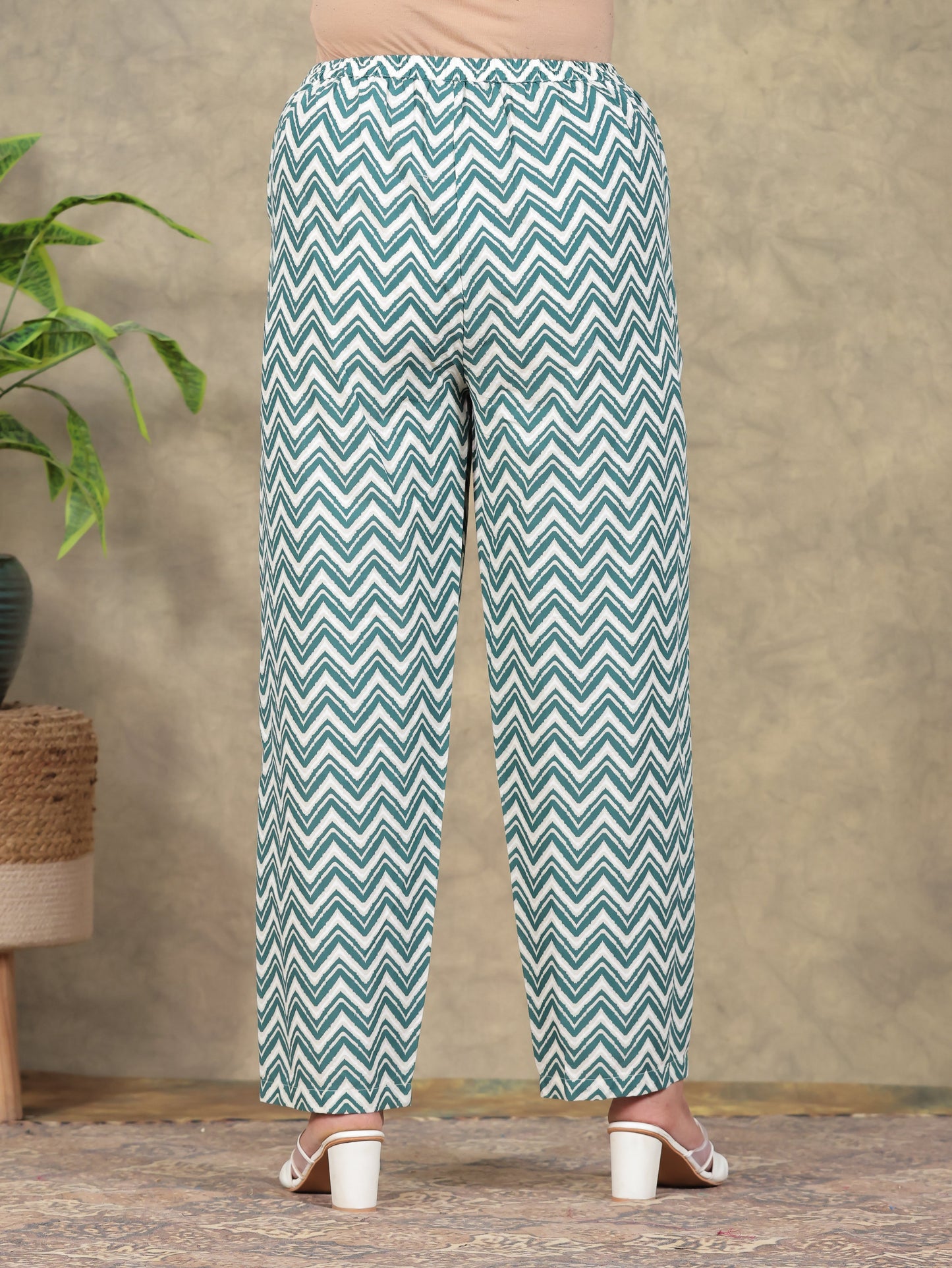 Soft Cotton Striped Green Straight Trousers