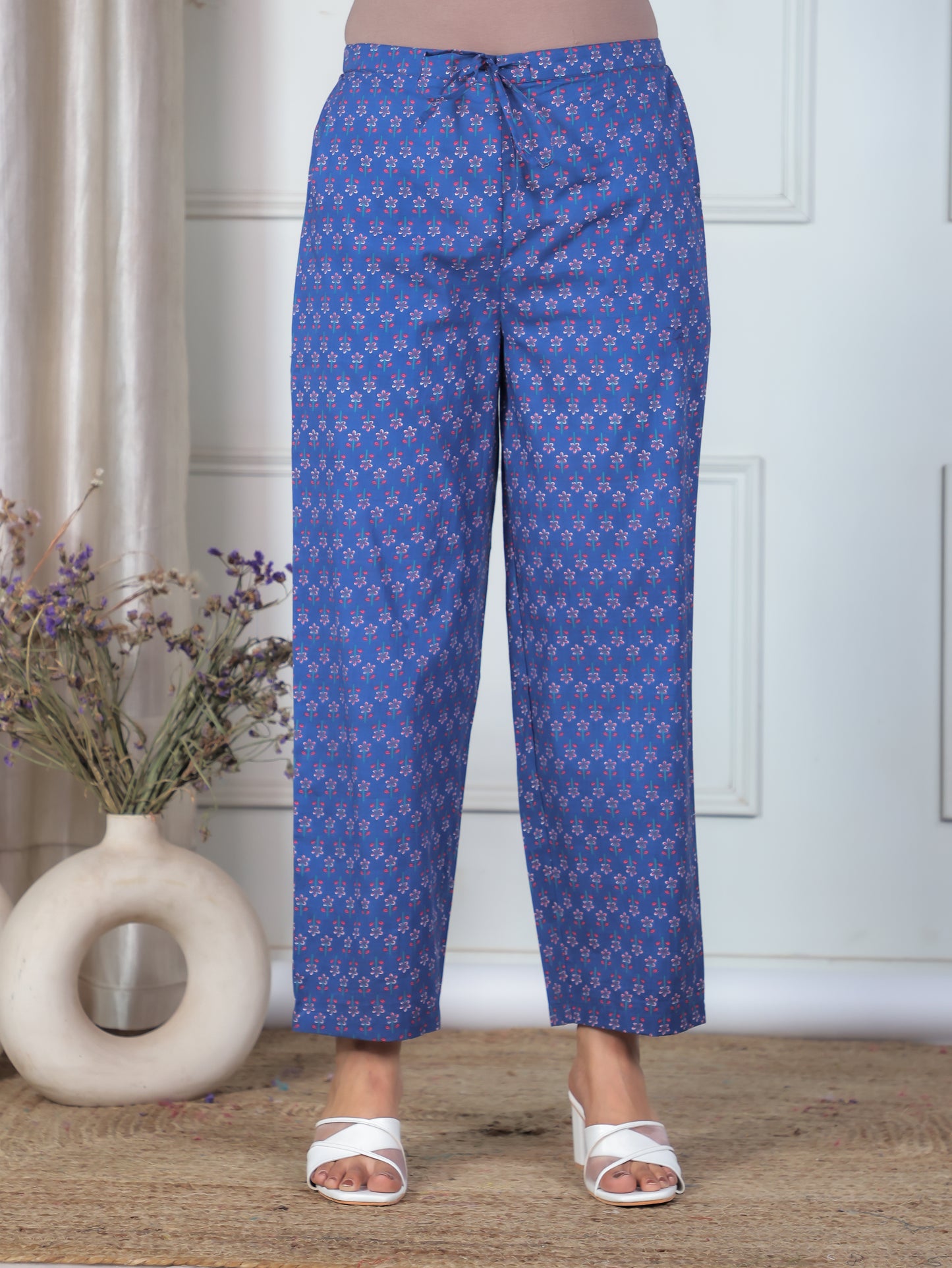 Soft Cotton Floral Blue Straight Trousers