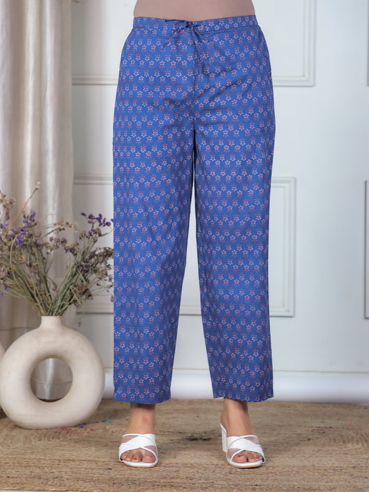 Soft Cotton Floral Blue Straight Trousers