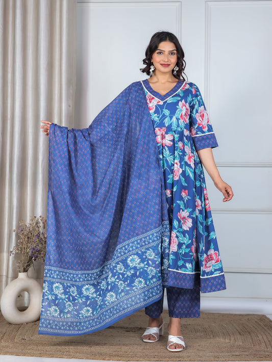 Cotton Voile Floral Blue Dupatta