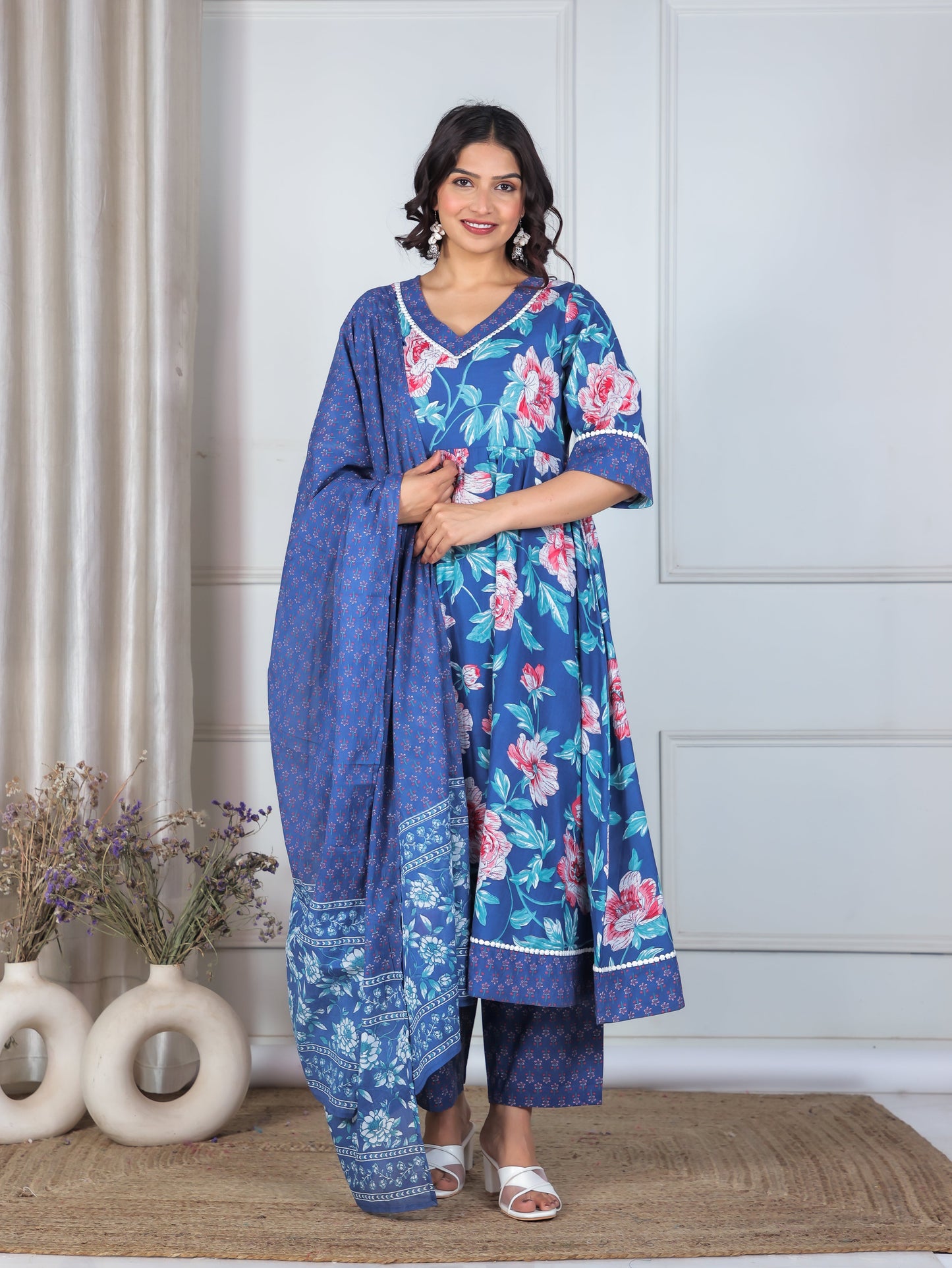 Cotton Voile Floral Blue Dupatta