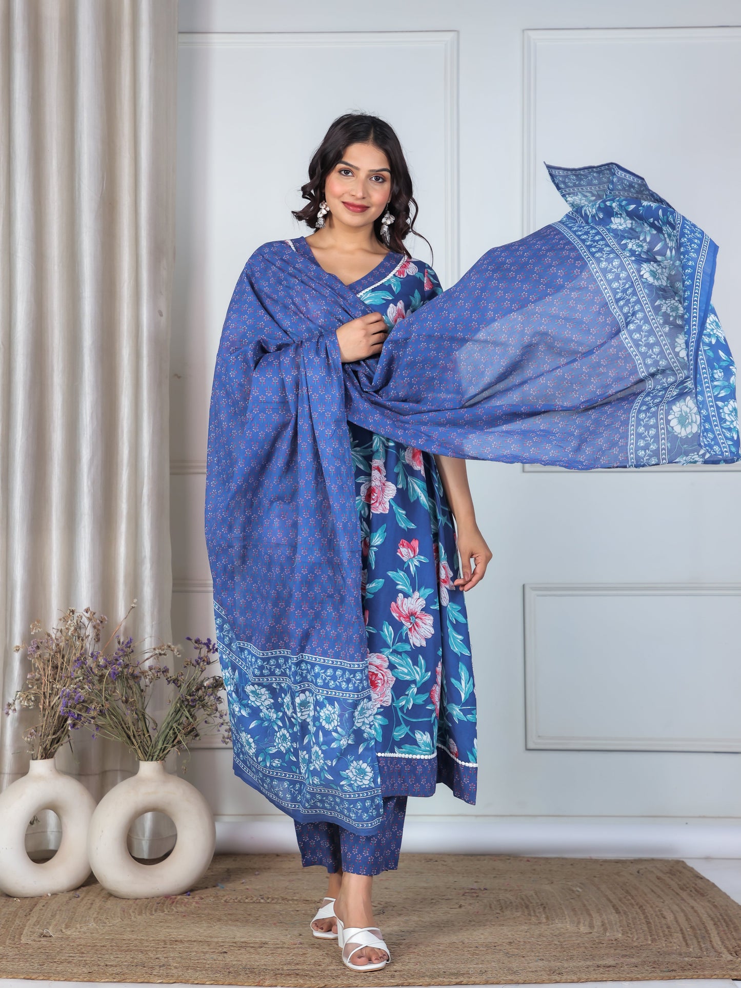 Cotton Voile Floral Blue Dupatta