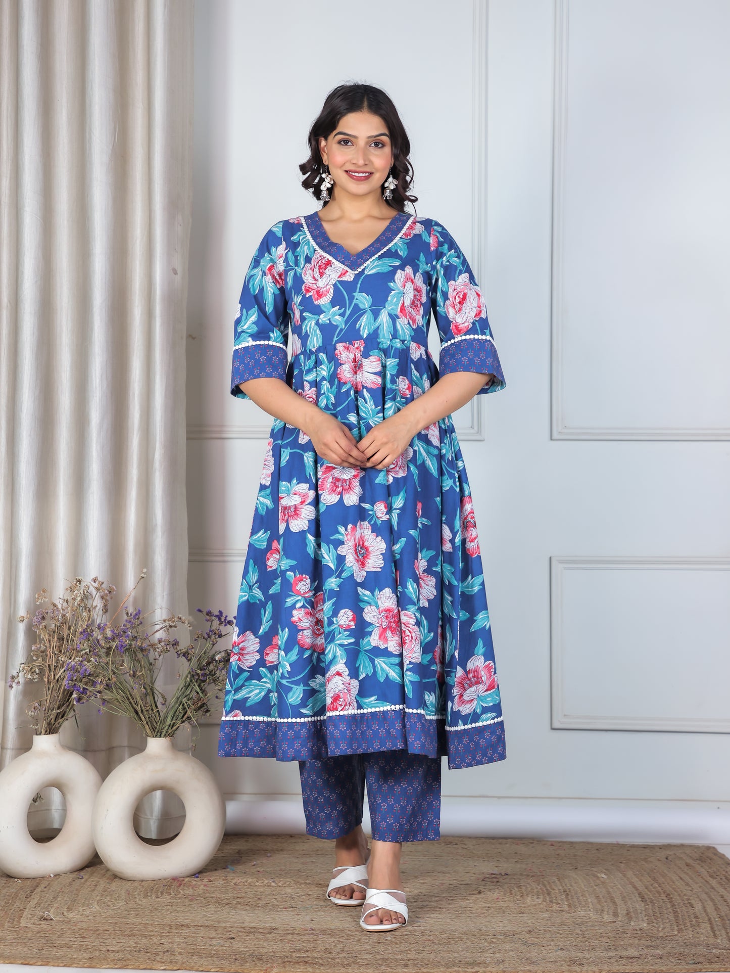 Soft Cotton Floral Flared Blue Kurta
