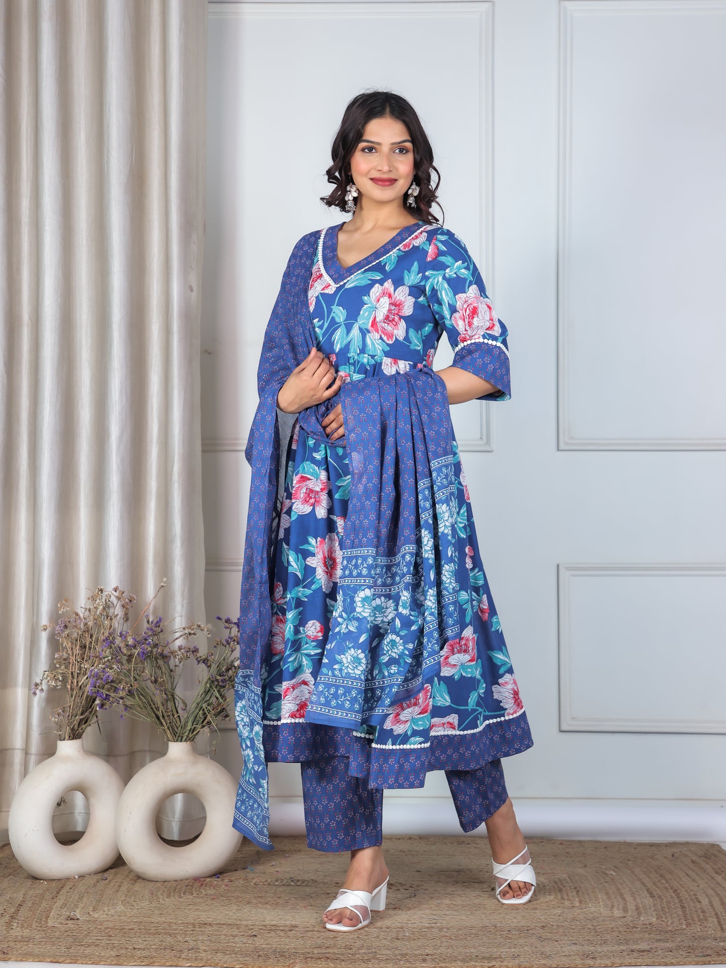 Soft Cotton Floral Flared Blue Kurta