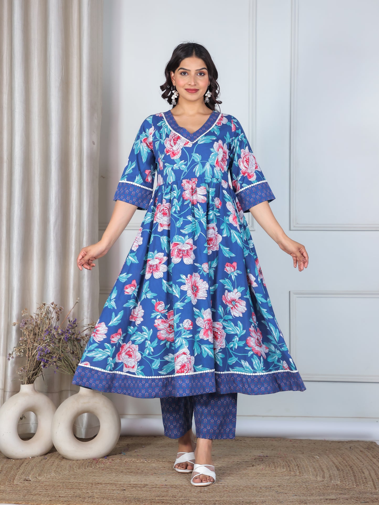 Soft Cotton Floral Flared Blue Kurta
