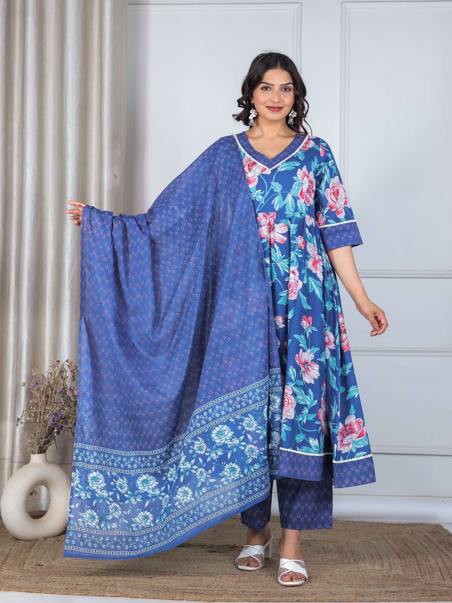 Soft Cotton Floral Flared Blue Kurta