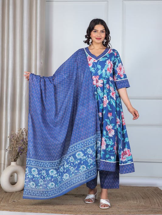 Soft Cotton Floral Flared Blue Kurta