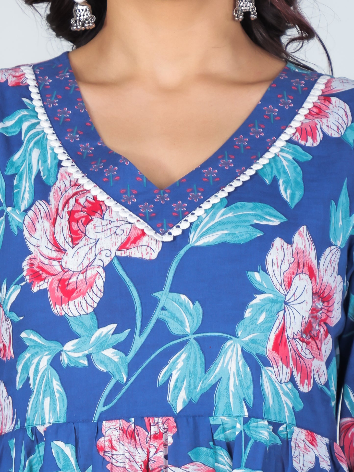 Soft Cotton Floral Flared Blue Kurta