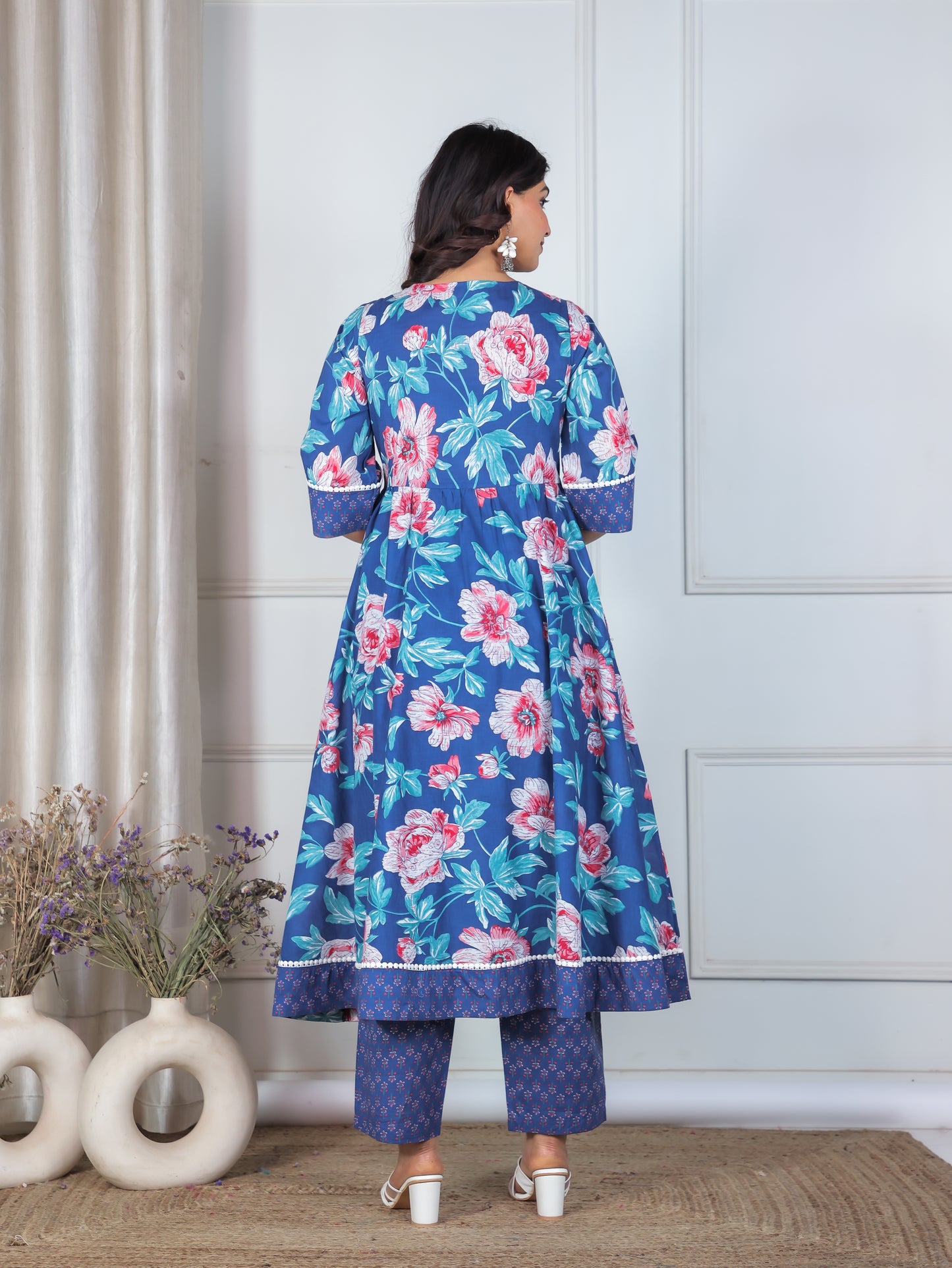 Soft Cotton Floral Flared Blue Kurta