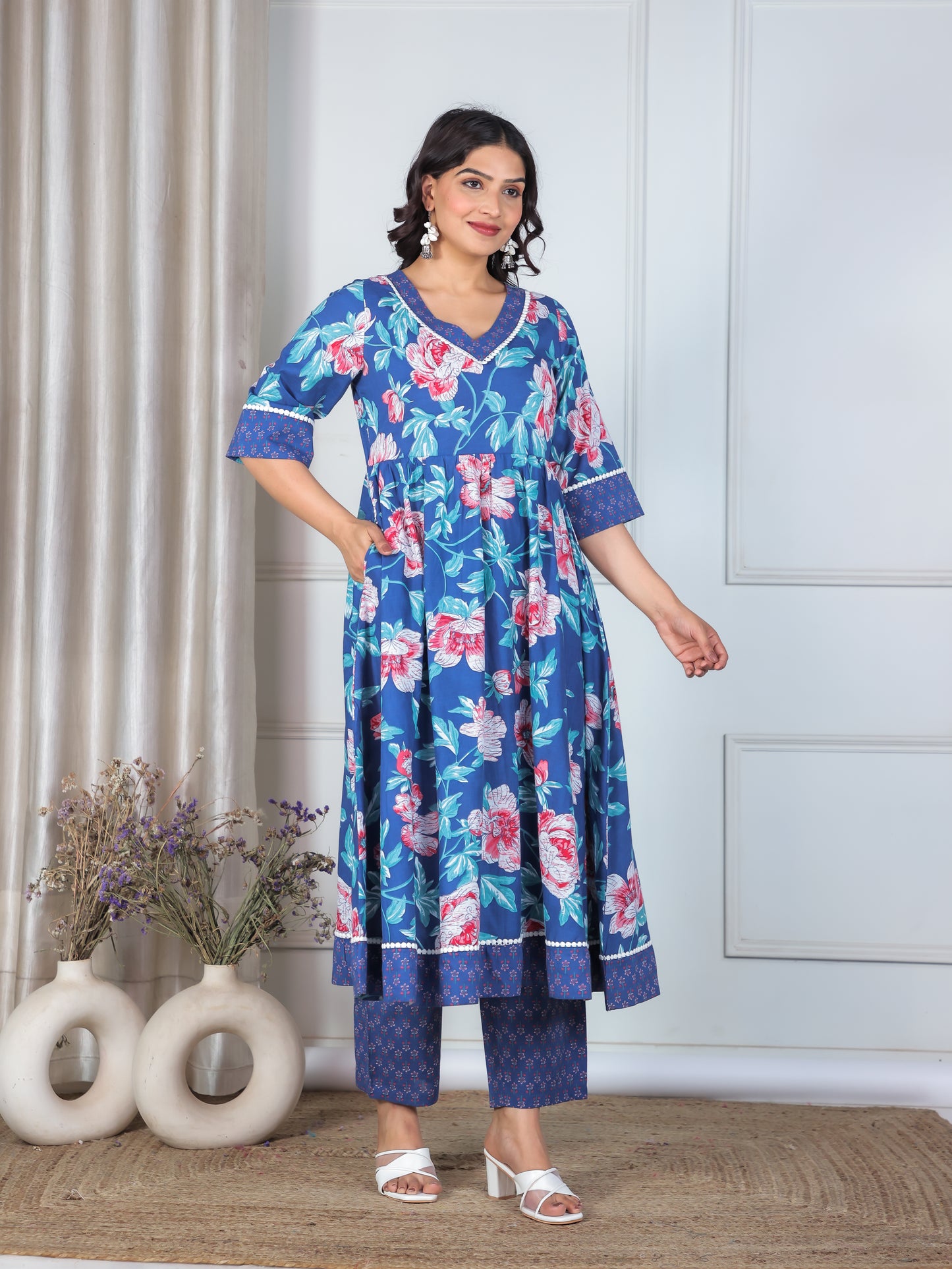 Soft Cotton Floral Flared Blue Kurta