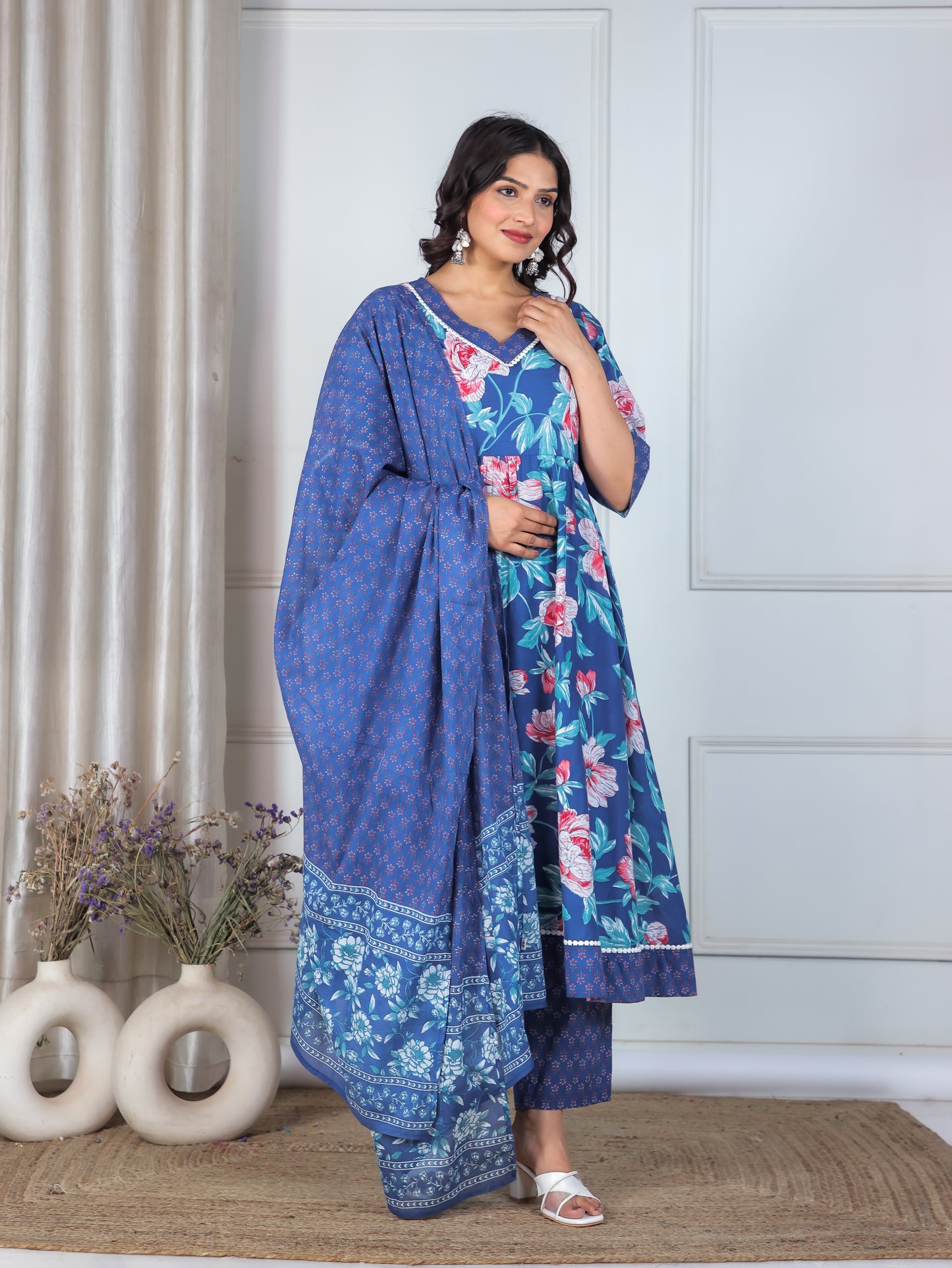 Soft Cotton Floral Flared Blue Kurta