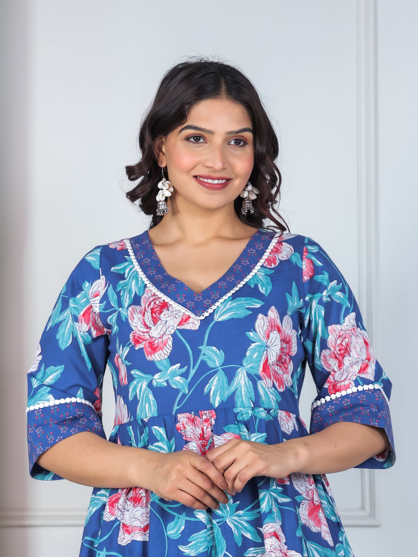 Soft Cotton Floral Flared Blue Kurta