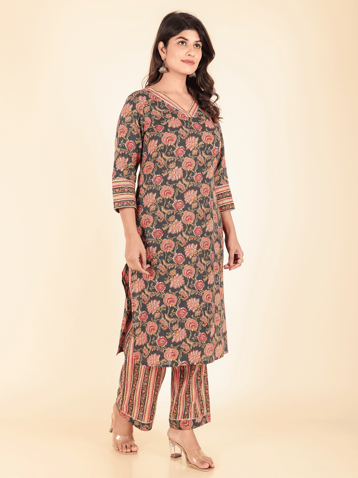 Kantha Cotton Floral Straight Blue Kurta