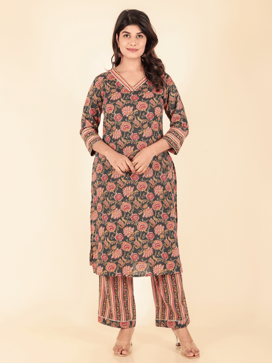 Kantha Cotton Floral Straight Blue Kurta