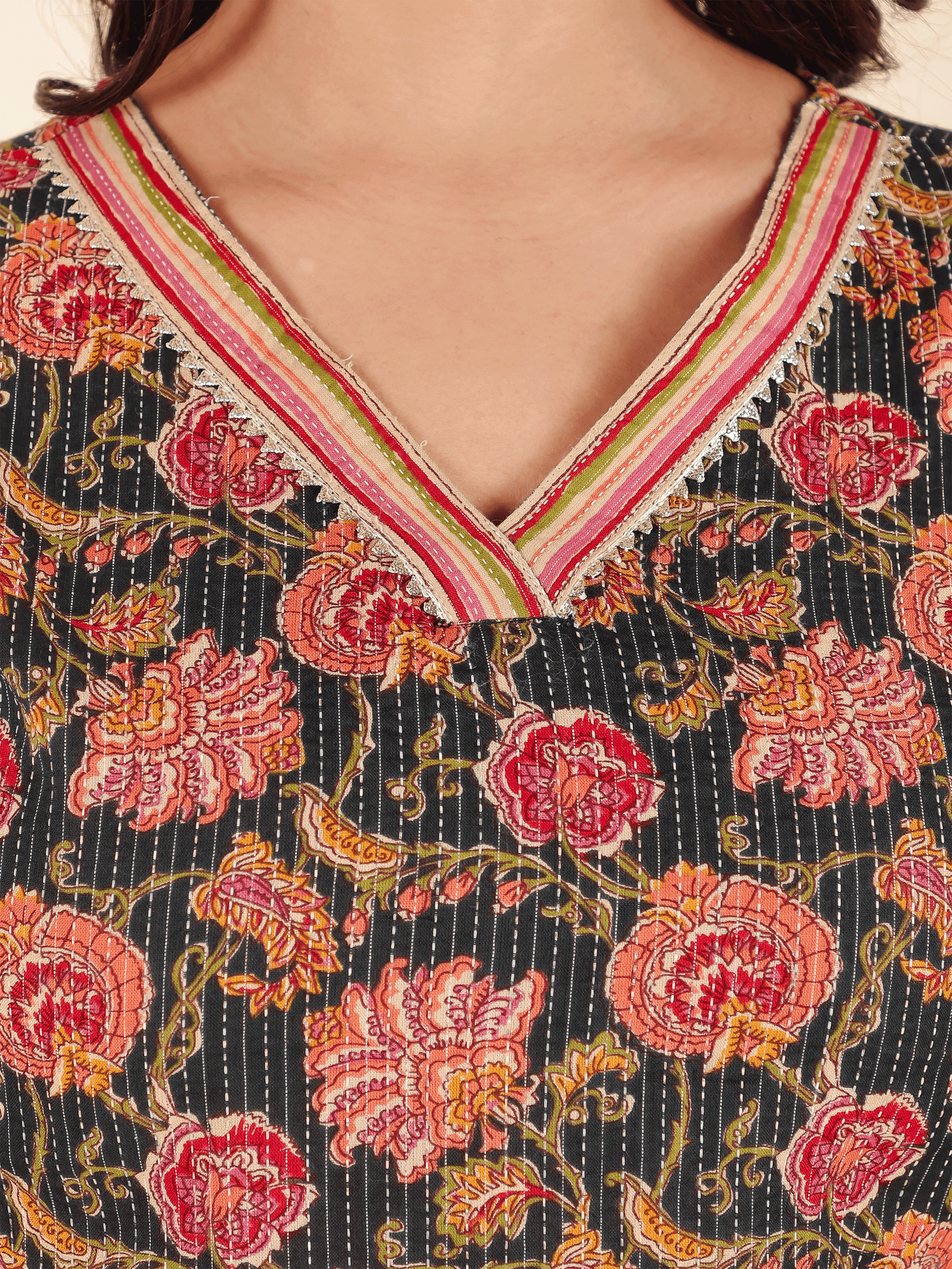 Kantha Cotton Floral Straight Blue Kurta