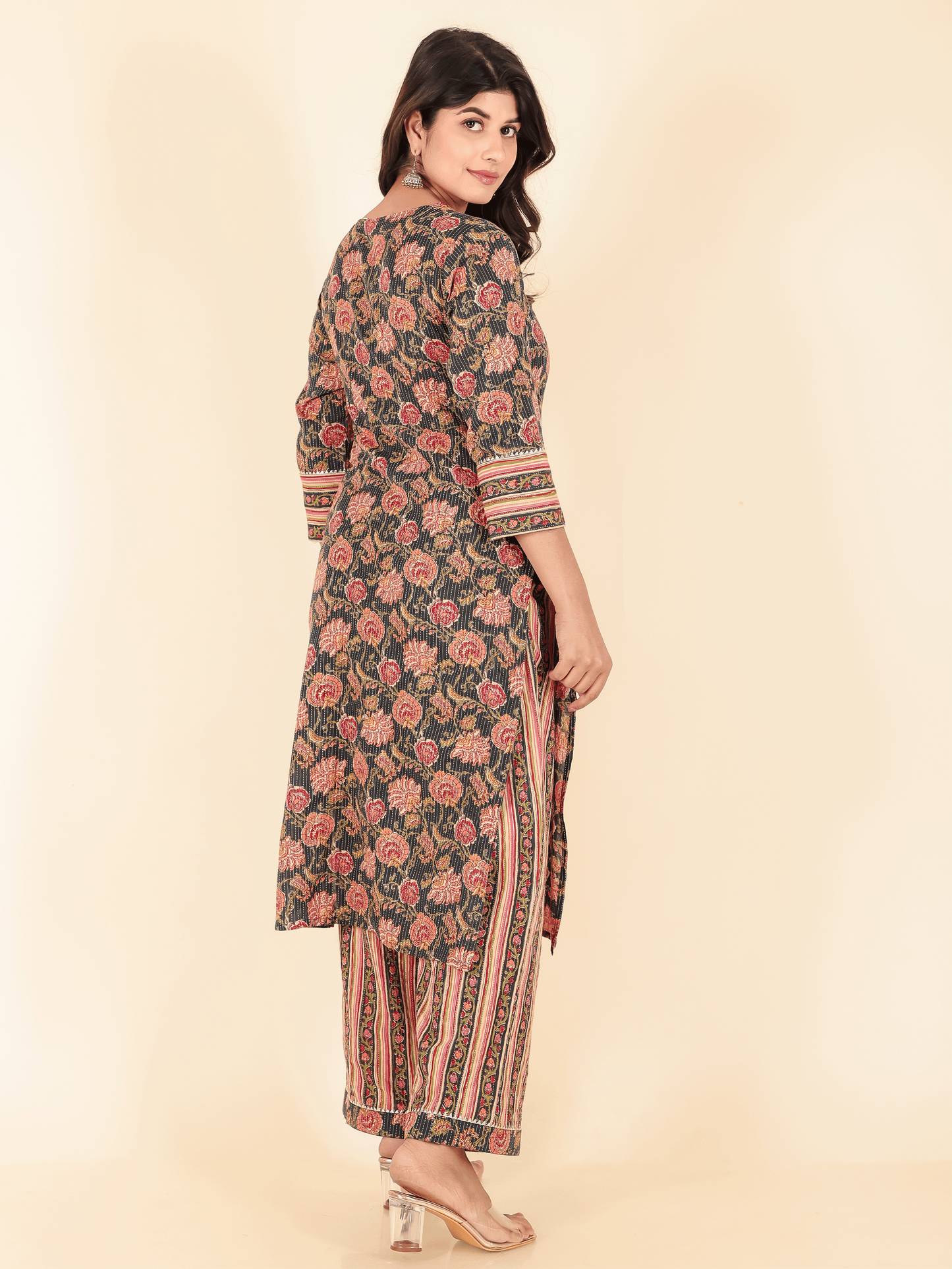 Kantha Cotton Floral Straight Blue Kurta