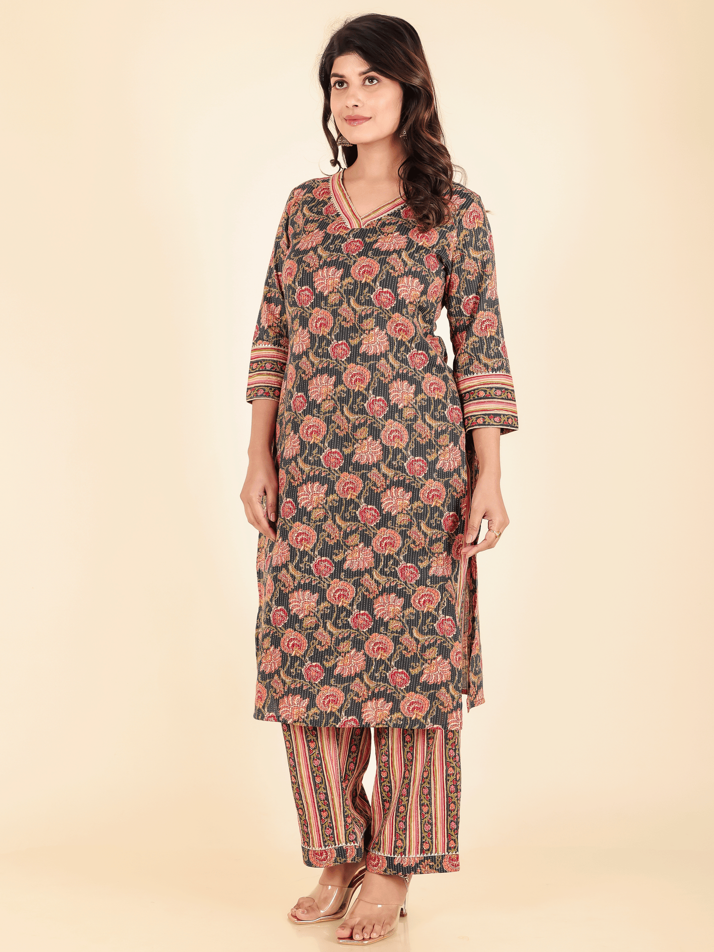 Kantha Cotton Floral Straight Blue Kurta