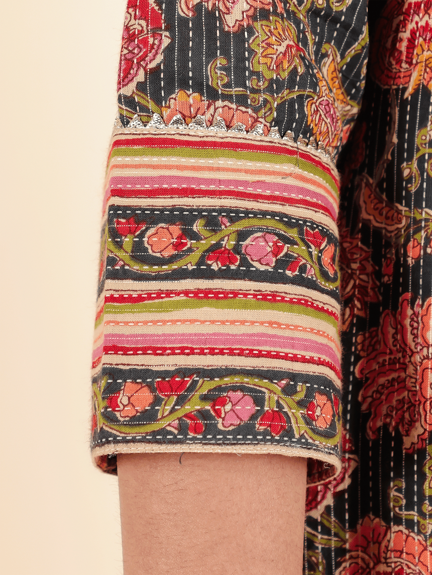 Kantha Cotton Floral Straight Blue Kurta
