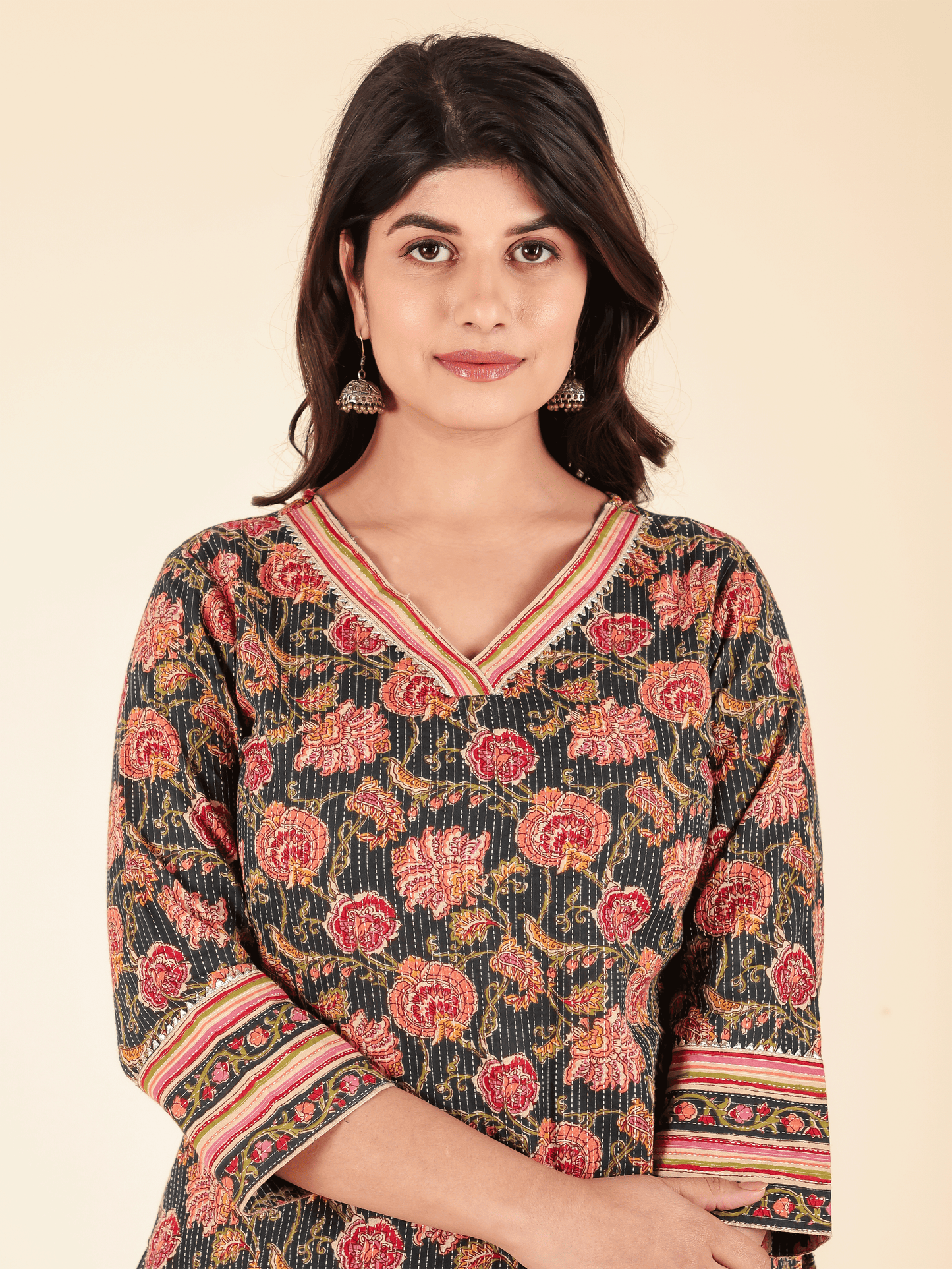 Kantha Cotton Floral Straight Blue Kurta