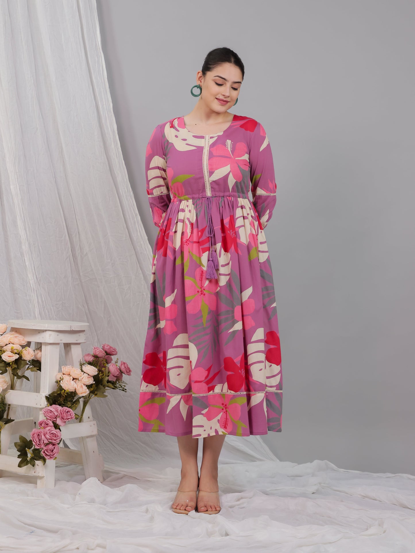 Soft Cotton Foliage Anarkali Purple Dress