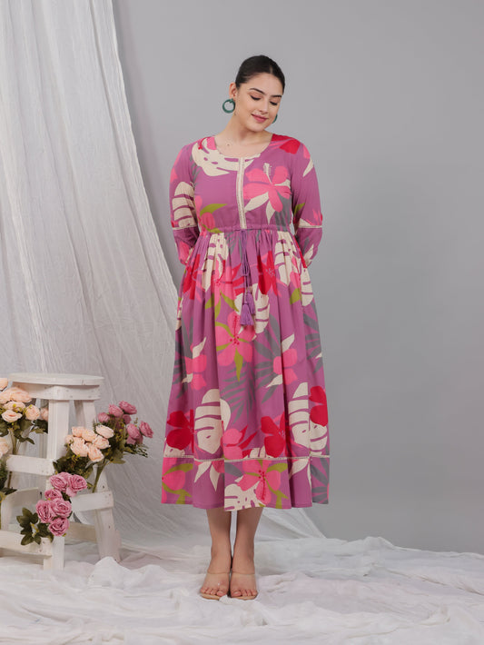 Soft Cotton Foliage Anarkali Purple Dress