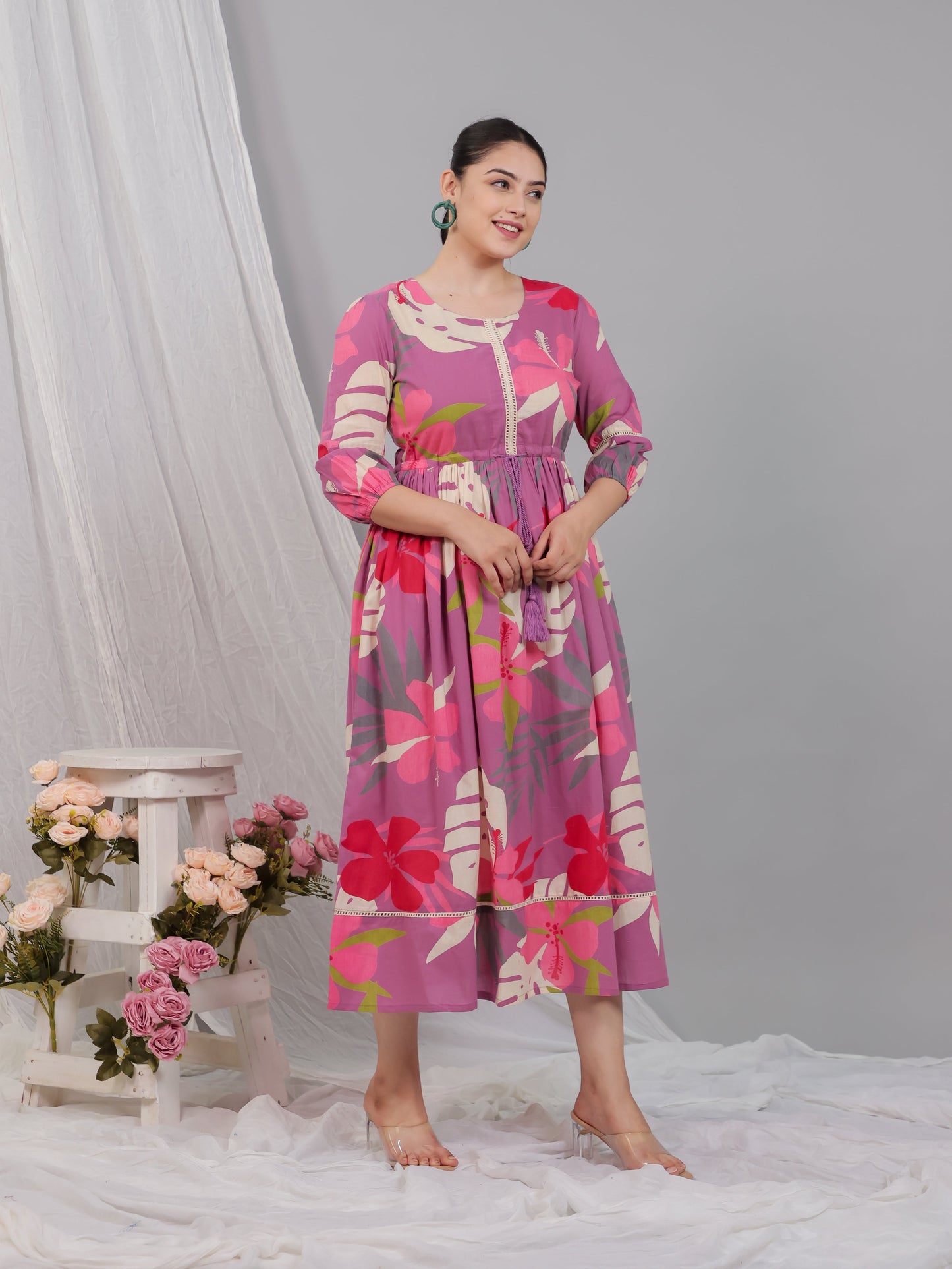 Soft Cotton Foliage Anarkali Purple Dress