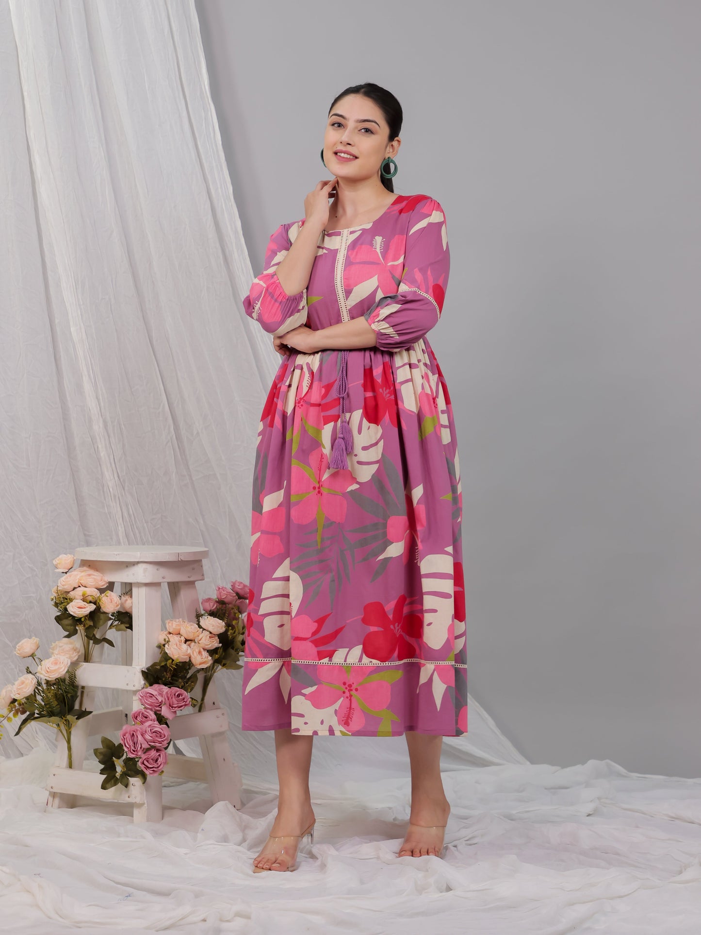 Soft Cotton Foliage Anarkali Purple Dress