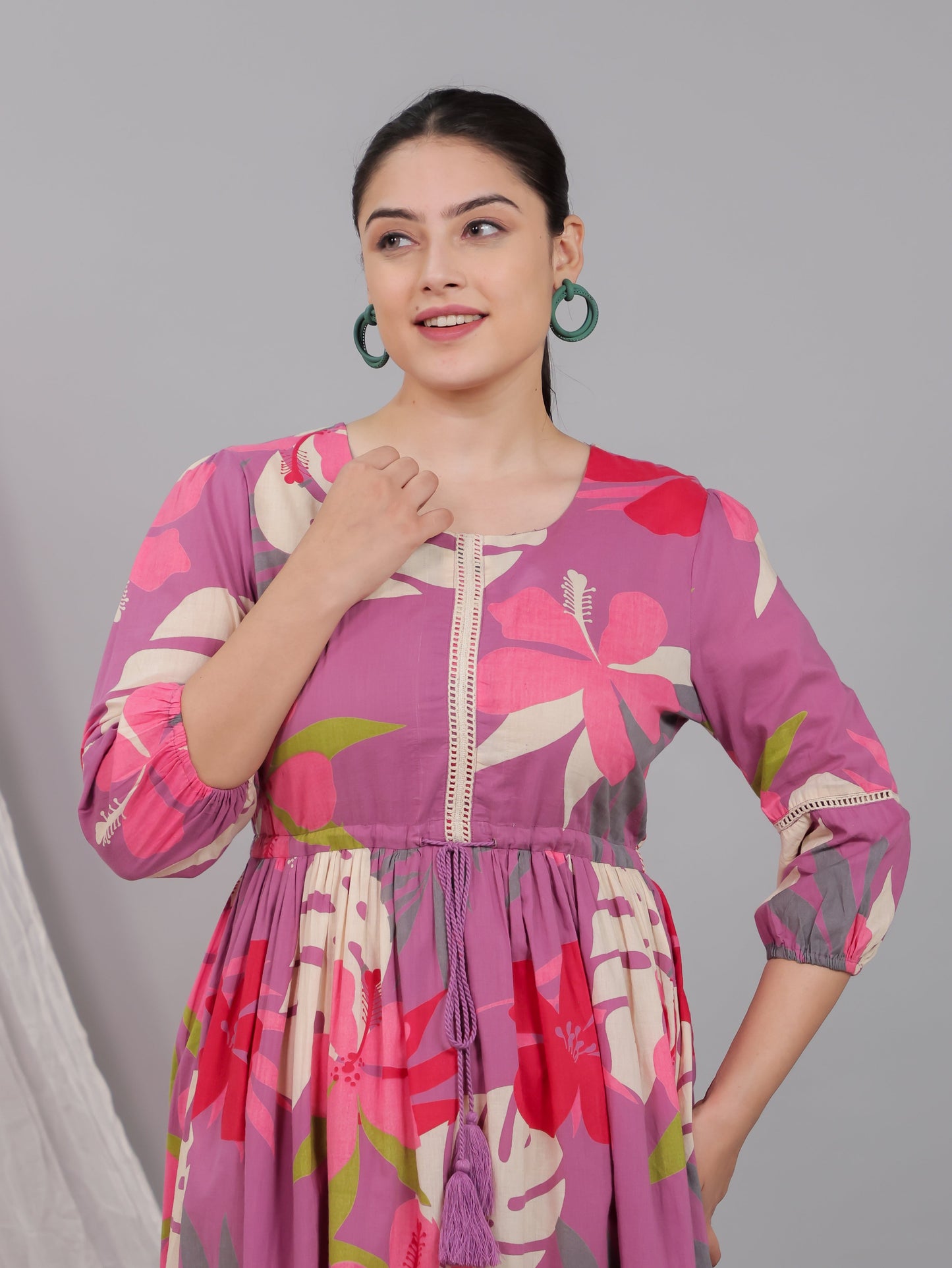 Soft Cotton Foliage Anarkali Purple Dress